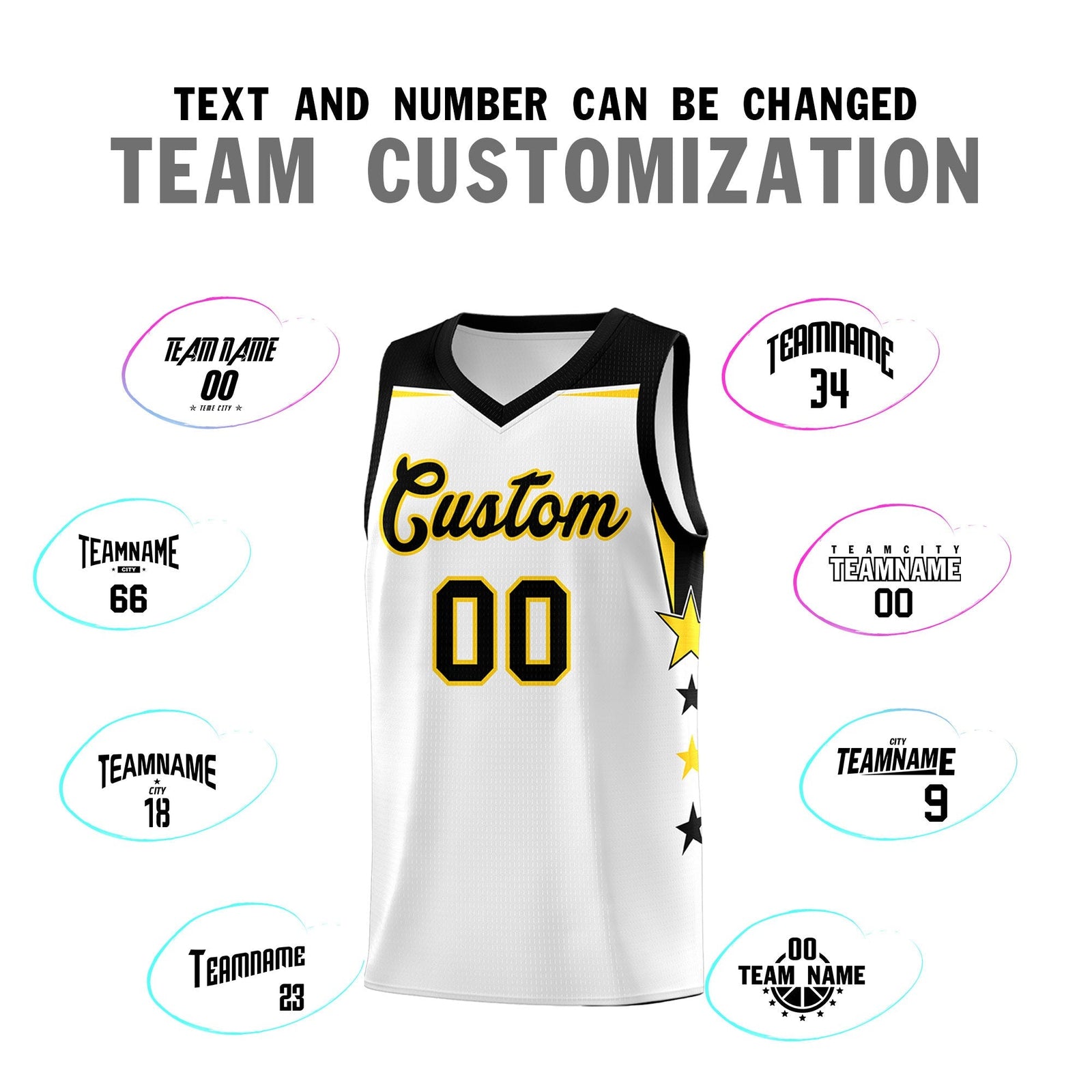 Custom Youth Basketball Uniform White Black Two Tone Side Star Color Block Team Jersey