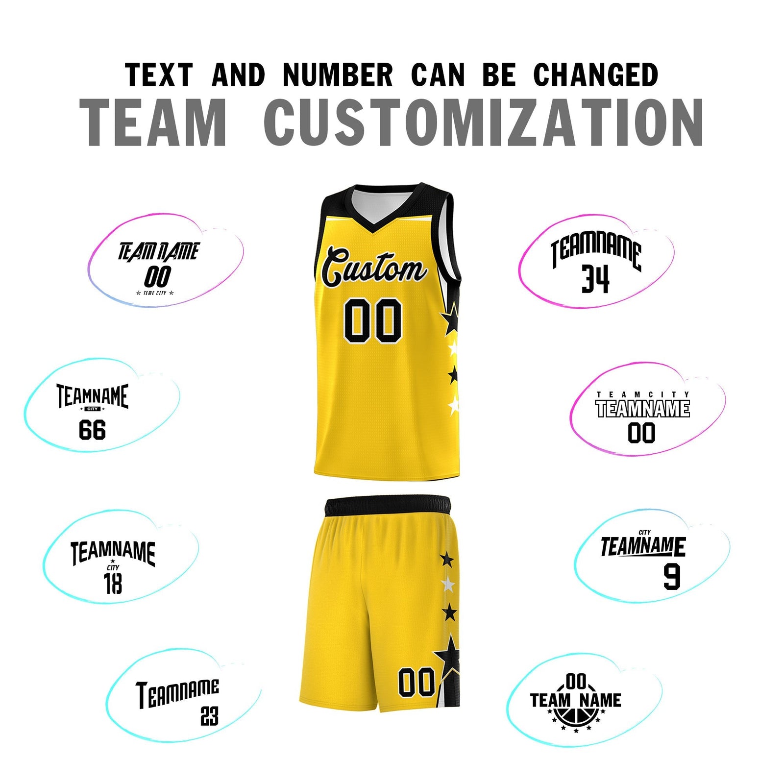 Custom Youth Basketball Uniform Gold Black Two Tone Side Star Personalized Team Jersey