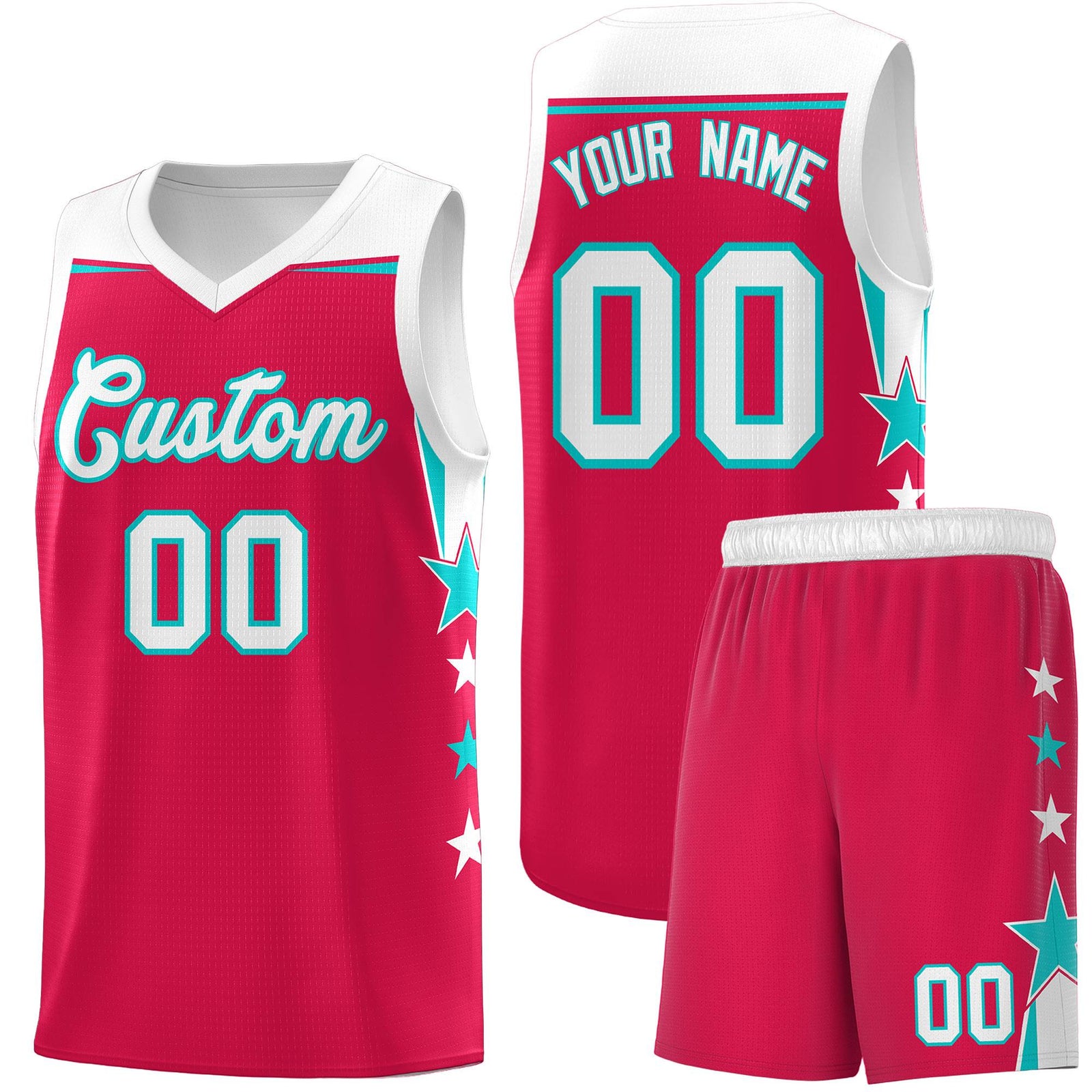 Custom Youth Basketball Uniform Red White Two Tone Side Star Add Name Number & Logo