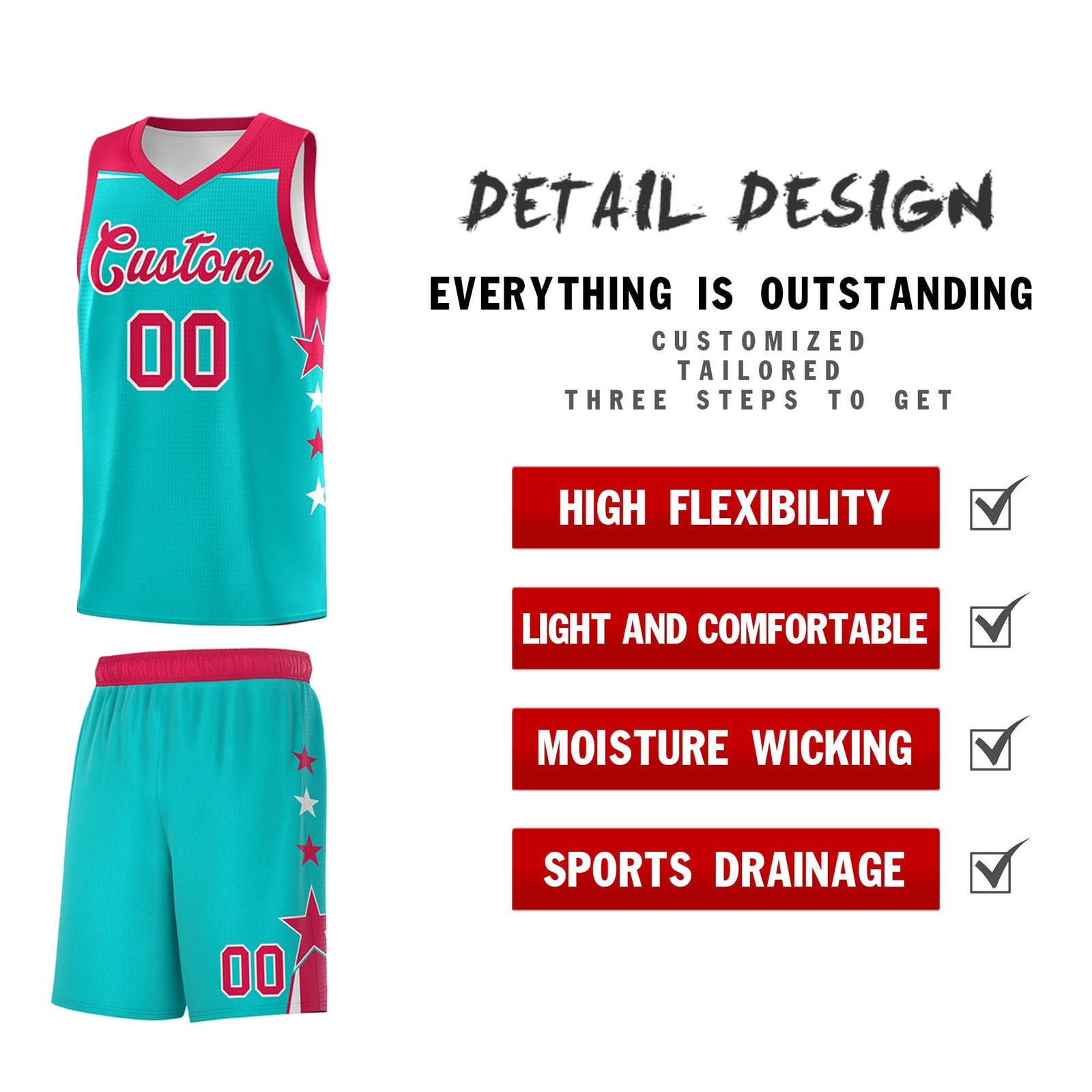Custom Youth Basketball Uniform Aqua Red Two Tone Side Star Personalized Team Jersey