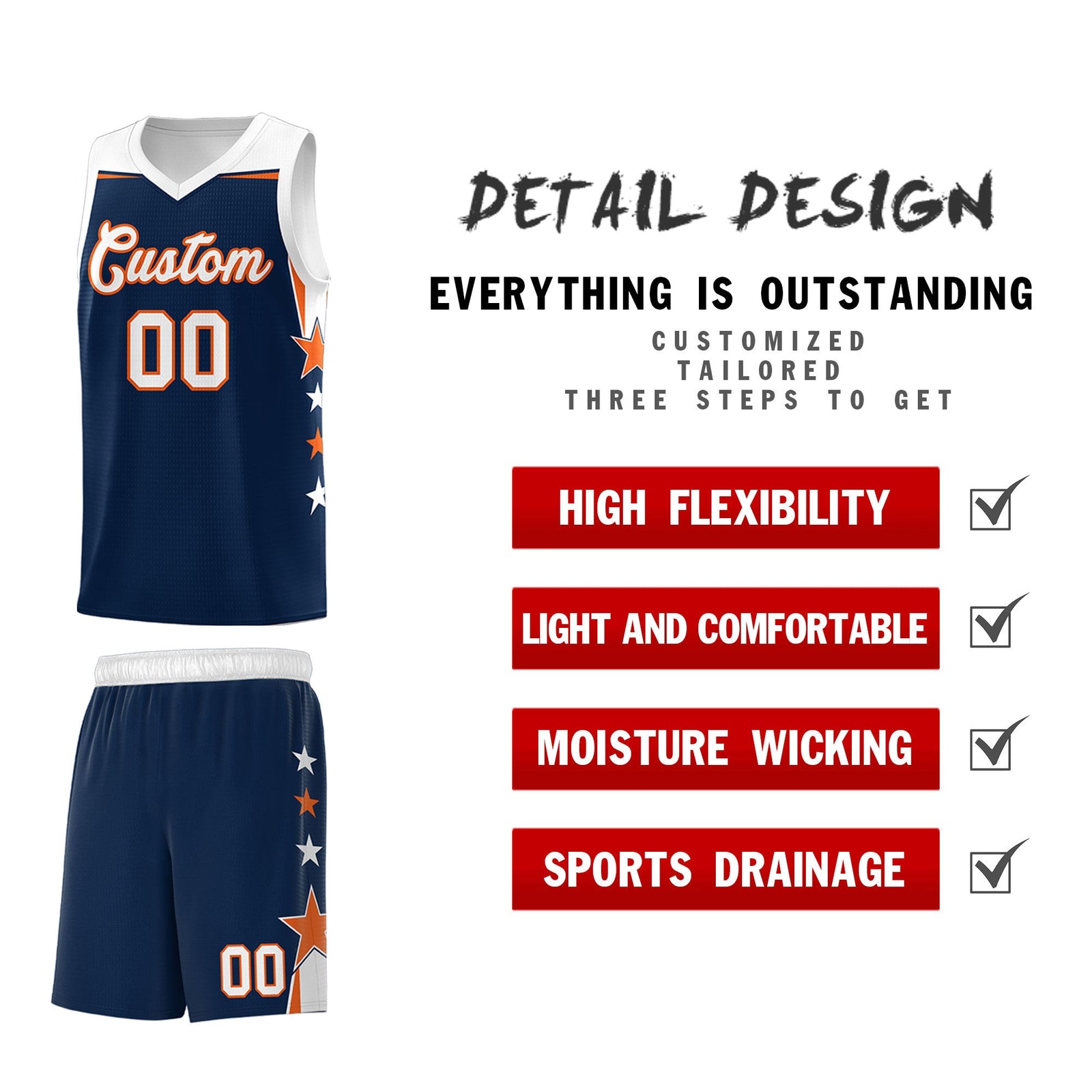 Custom Youth Basketball Uniform Navy White Two Tone Side Star Add Name Number & Logo