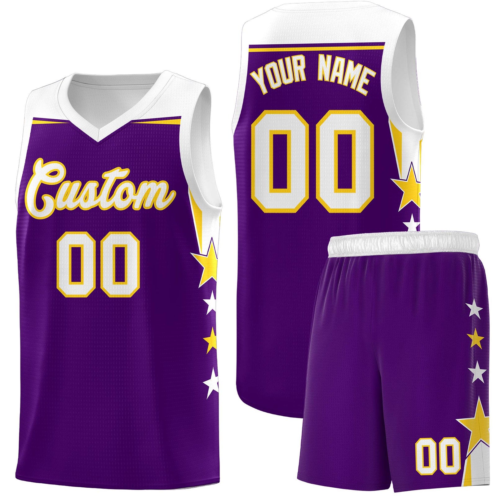 Custom Youth Basketball Uniform Purple White Two Tone Side Star Add Name Number & Logo