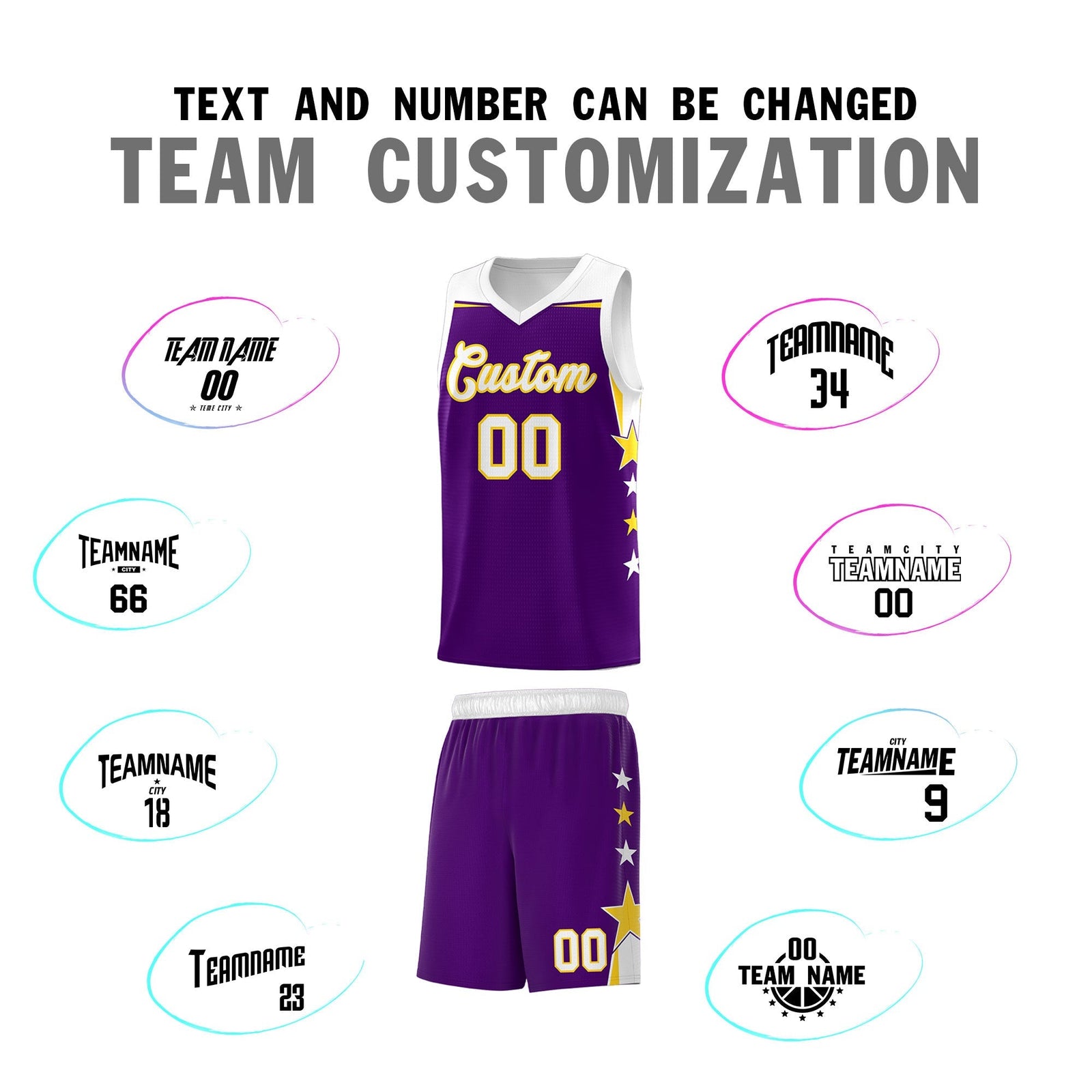 Custom Youth Basketball Uniform Purple White Two Tone Side Star Add Name Number & Logo