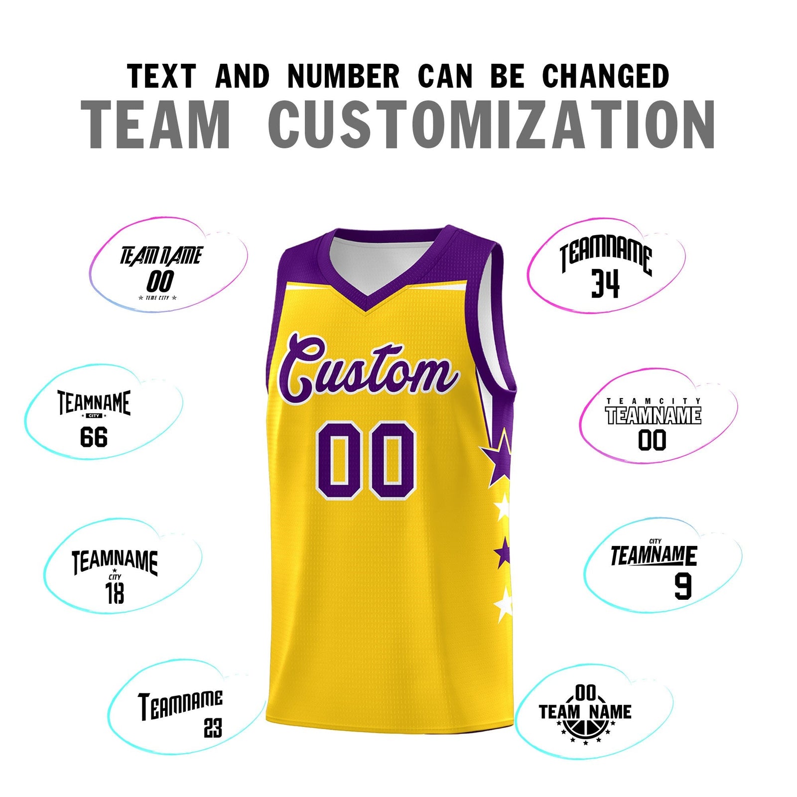 Custom Youth Basketball Uniform Gold Purple Two Tone Side Star Personalized Team Jersey
