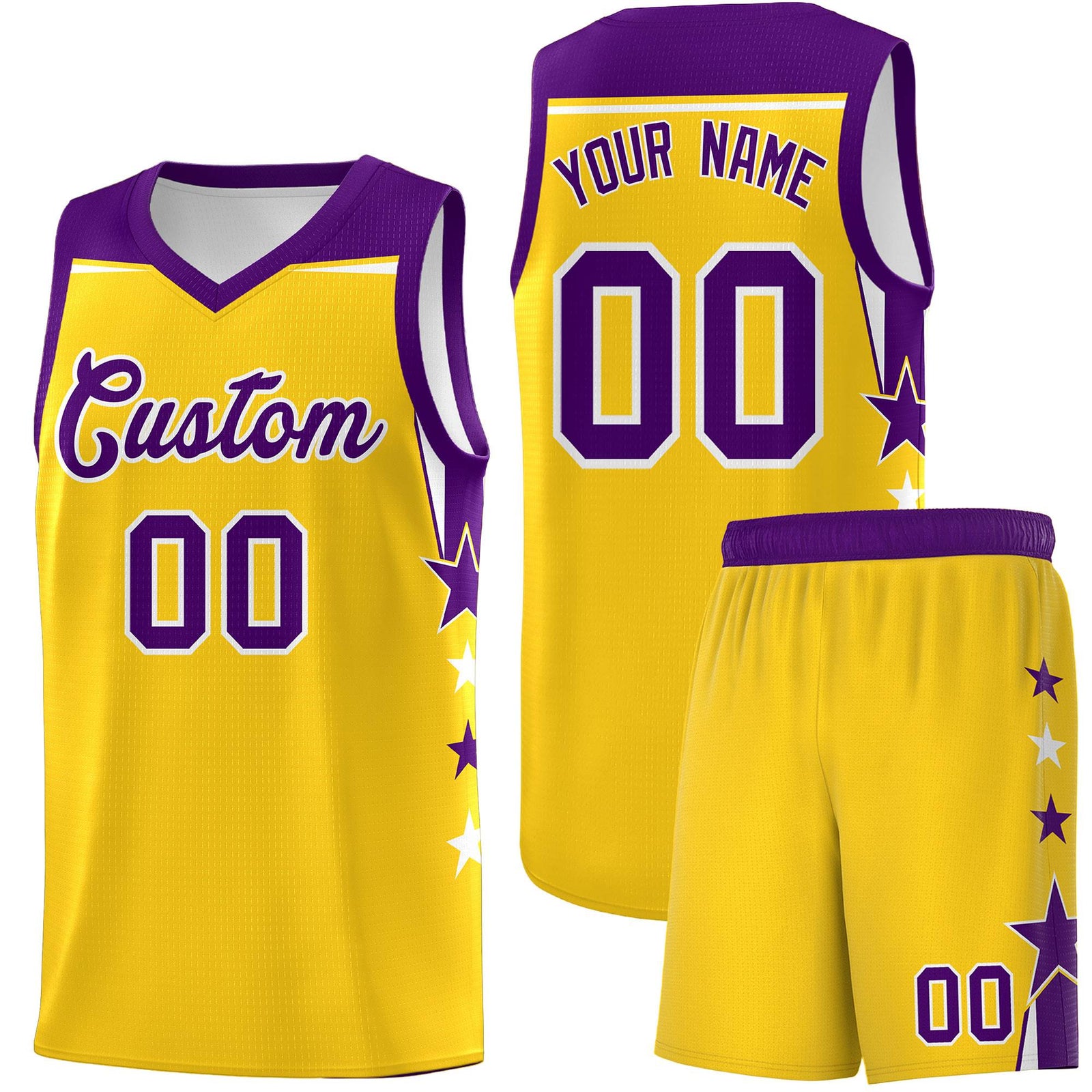 Custom Youth Basketball Uniform Gold Purple Two Tone Side Star Personalized Team Jersey