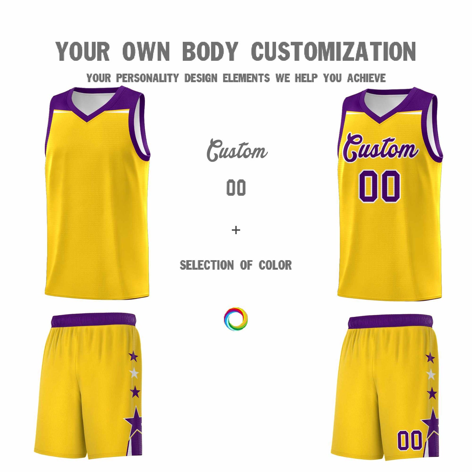 Custom Youth Basketball Uniform Gold Purple Two Tone Side Star Personalized Team Jersey