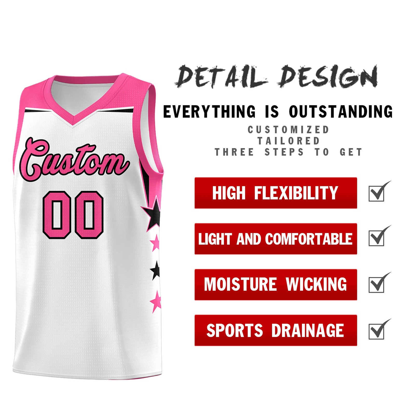Custom Youth Basketball Uniform White Pink Two Tone Side Star Color Block Team Jersey