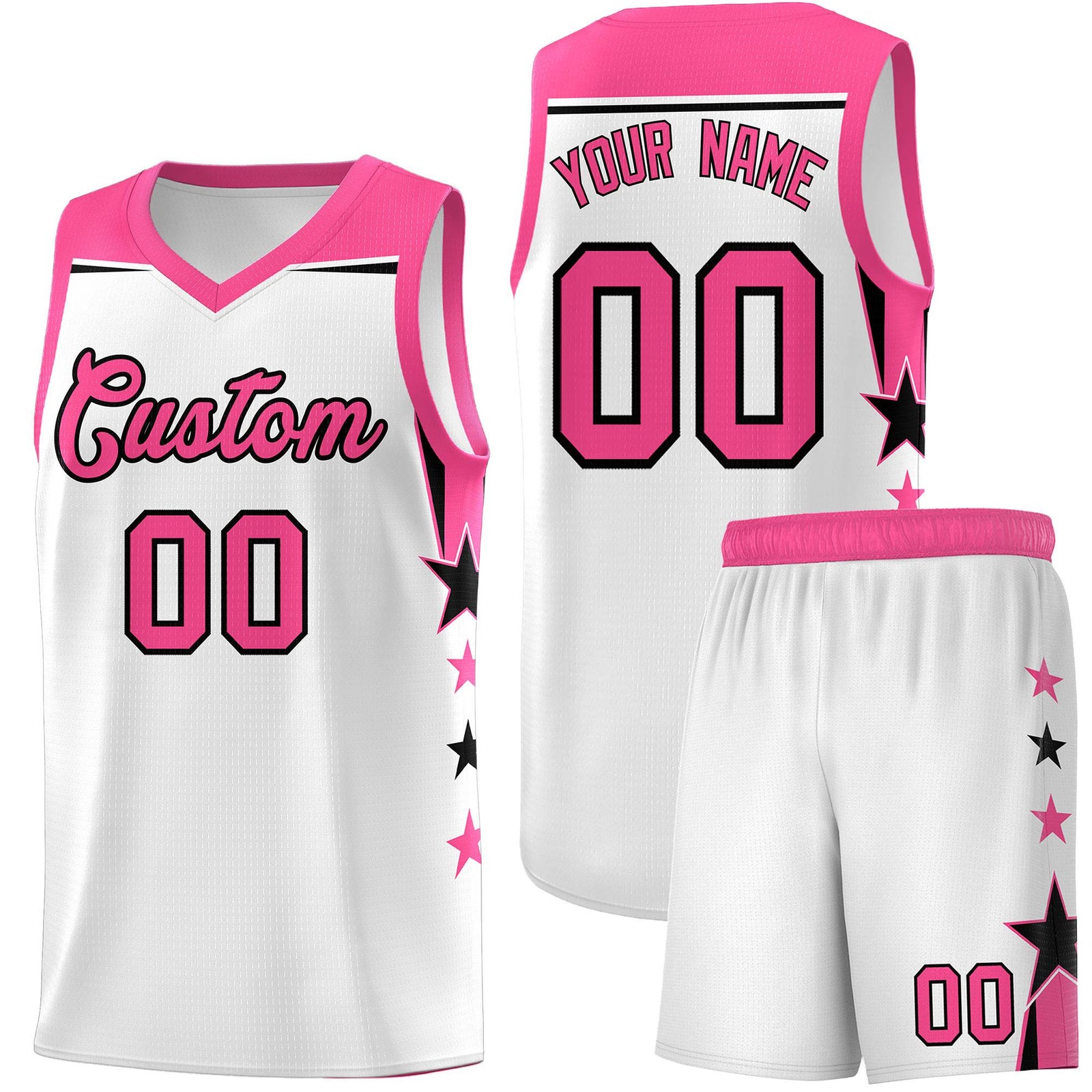 Custom Youth Basketball Uniform White Pink Two Tone Side Star Color Block Team Jersey