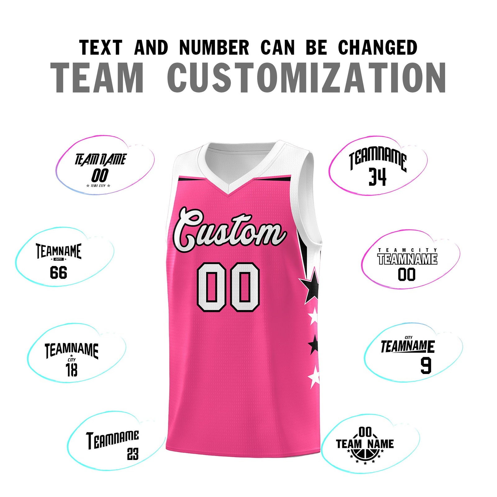 Custom Youth Basketball Uniform Pink White Two Tone Side Star Add Name Number & Logo