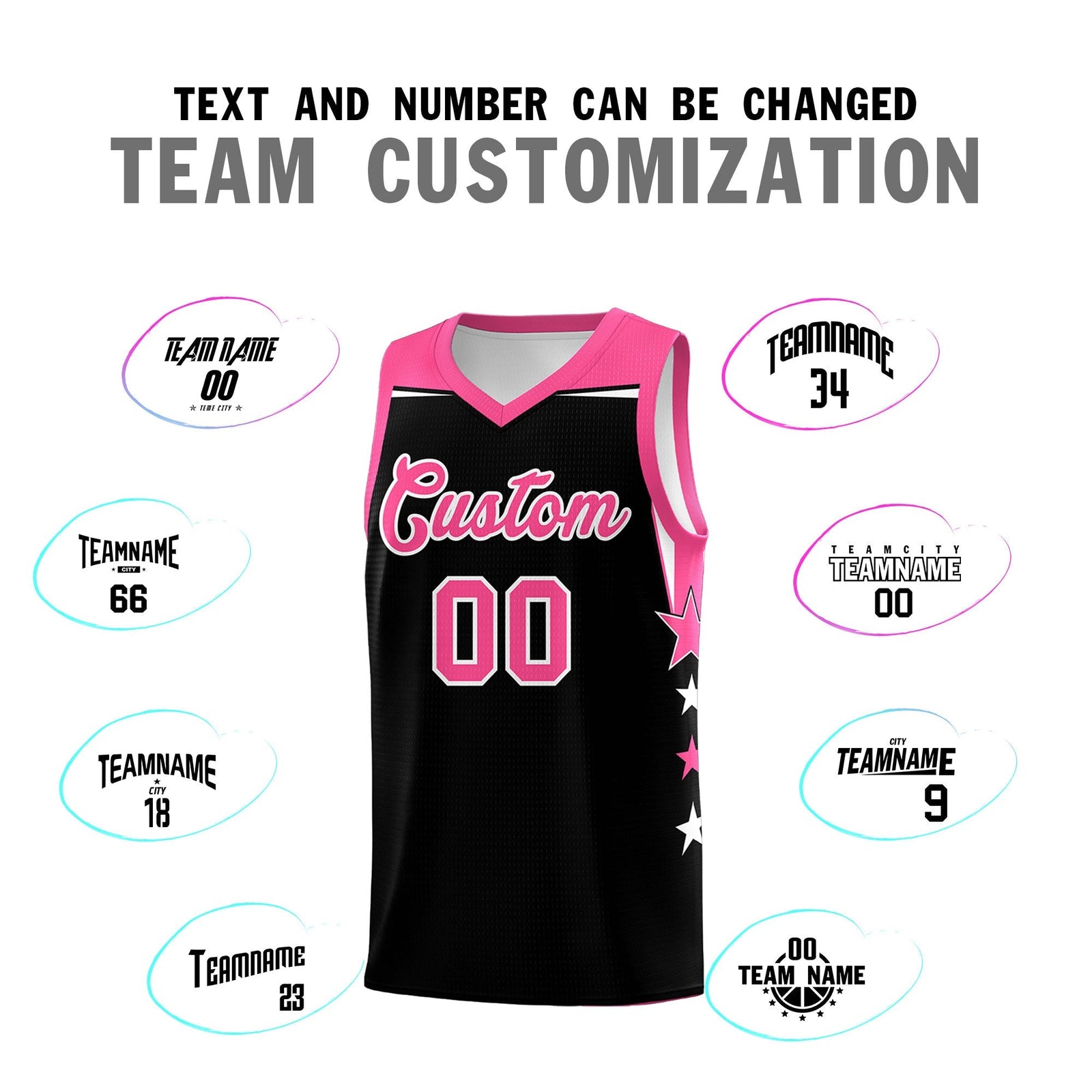 Custom Youth Basketball Uniform Black Pink Two Tone Side Star Personalized Team Jersey