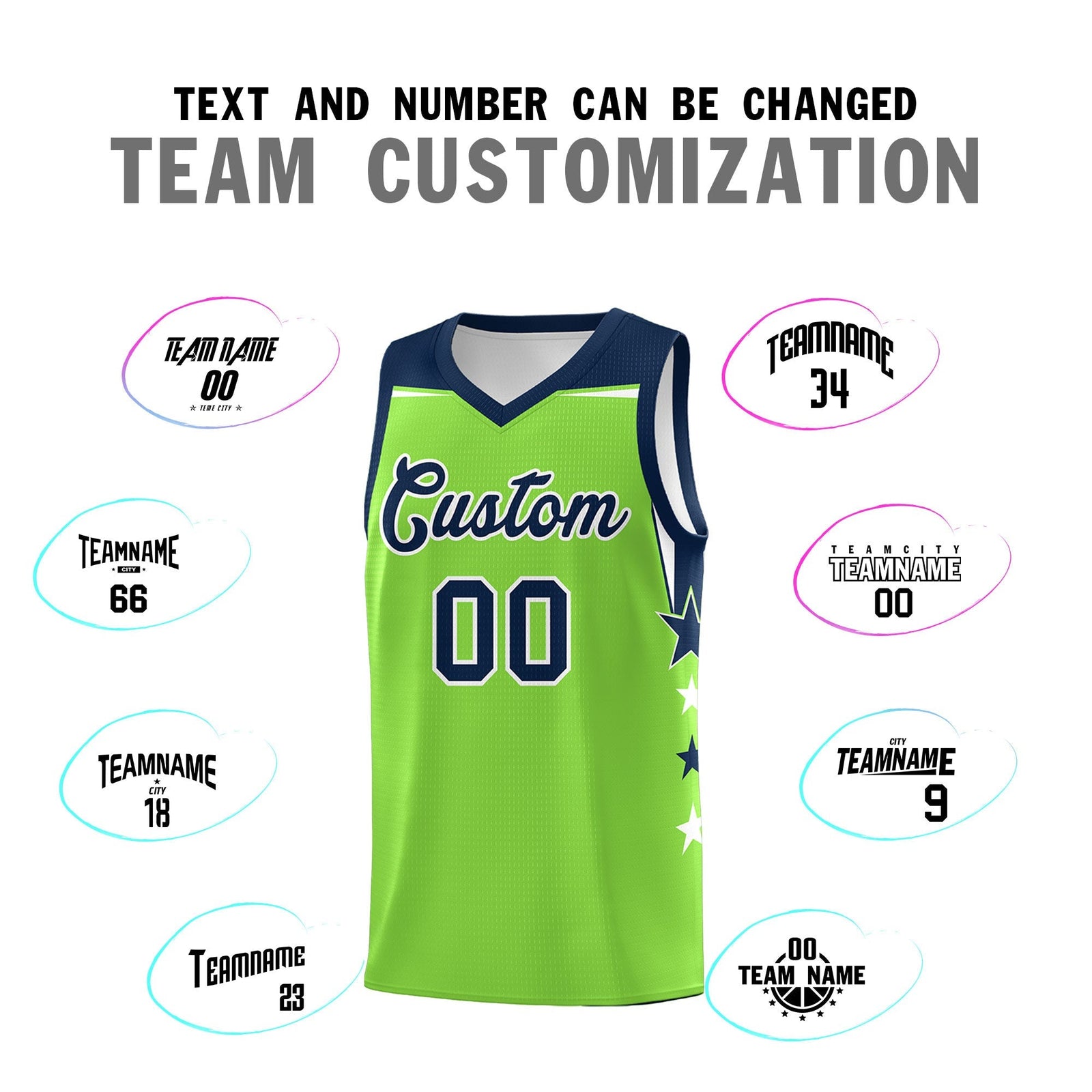 Custom Youth Basketball Uniform Fluorescent Green Navy Two Tone Side Star Personalized Team Jersey