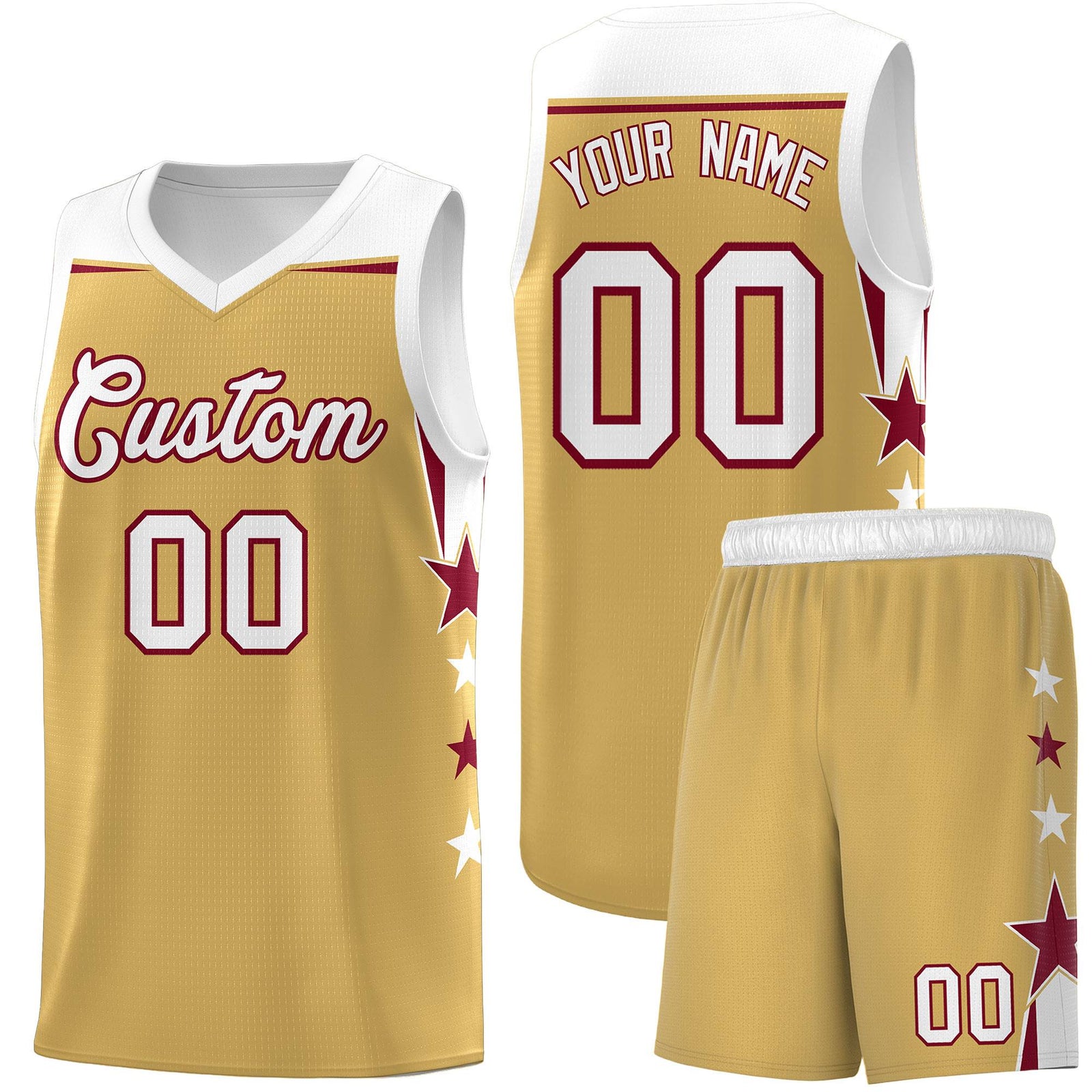 Custom Youth Basketball Uniform Old Gold White Two Tone Side Star Personalized Team Jersey