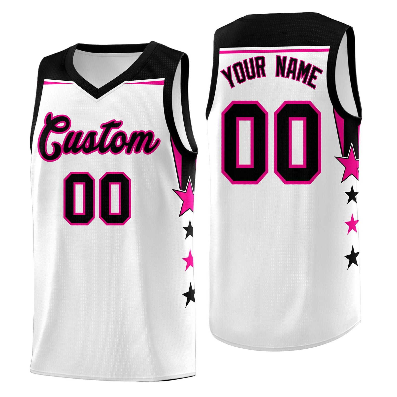 Custom Youth Basketball Uniform White Black Two Tone Side Star Add Name Number & Logo