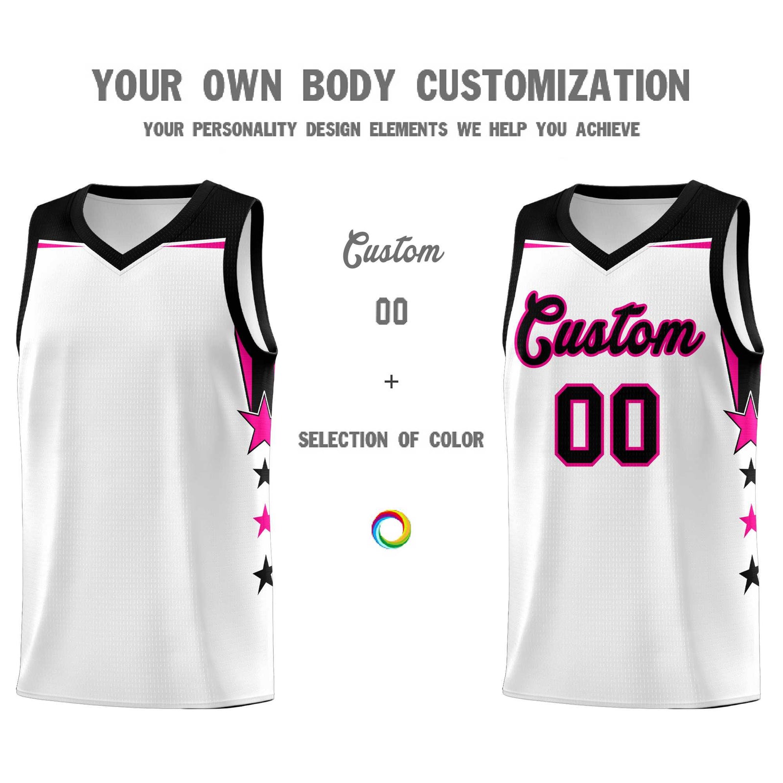 Custom Youth Basketball Uniform White Black Two Tone Side Star Add Name Number & Logo