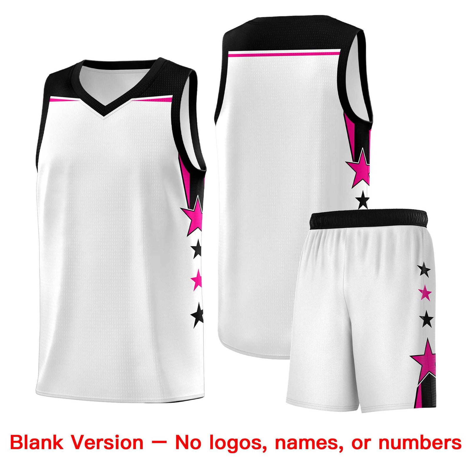 Custom Youth Basketball Uniform White Black Two Tone Side Star Add Name Number & Logo
