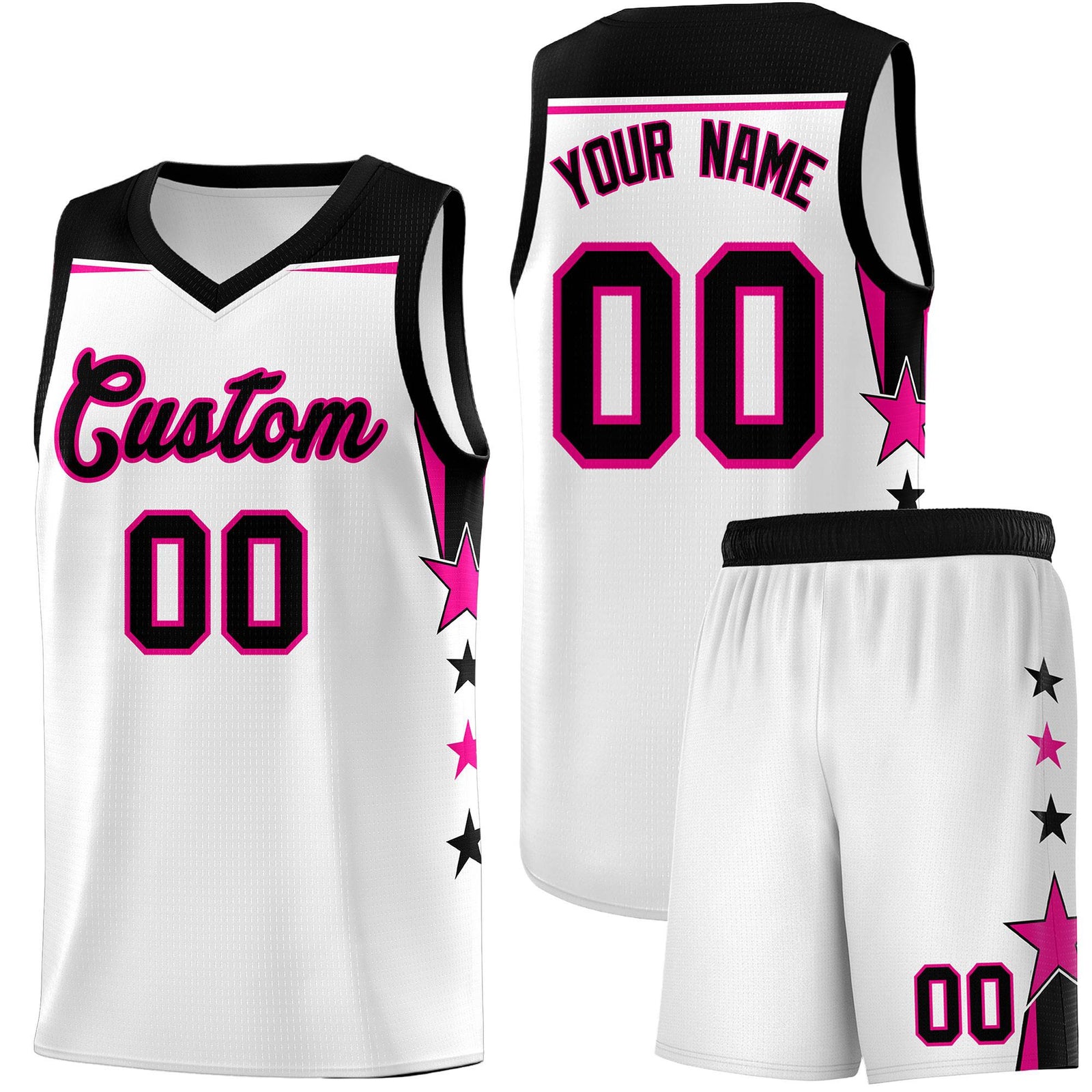 Custom Youth Basketball Uniform White Black Two Tone Side Star Add Name Number & Logo