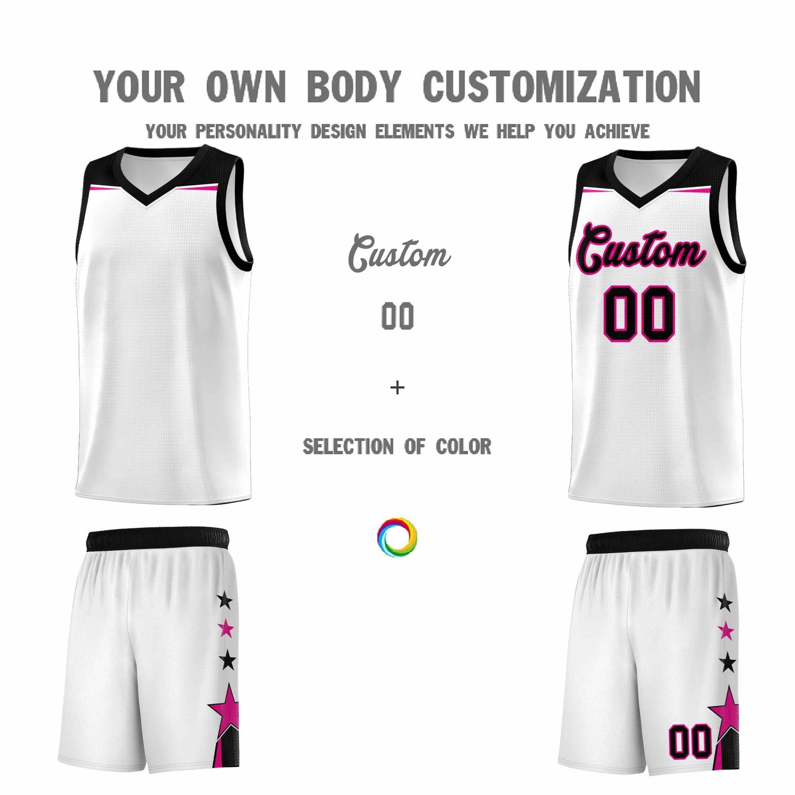 Custom Youth Basketball Uniform White Black Two Tone Side Star Add Name Number & Logo