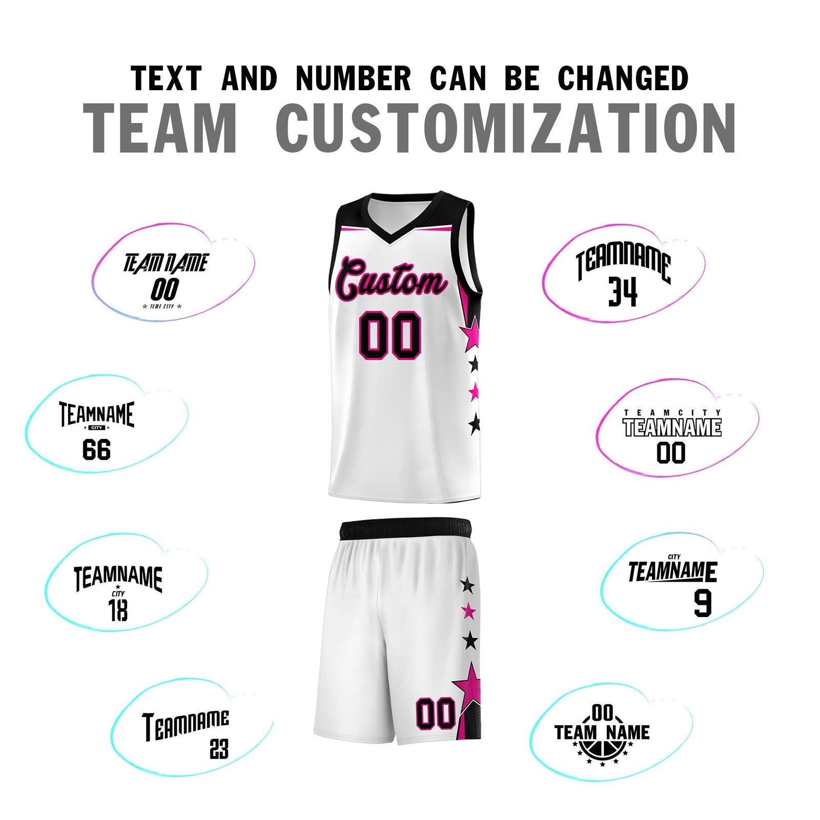 Custom Youth Basketball Uniform White Black Two Tone Side Star Add Name Number & Logo