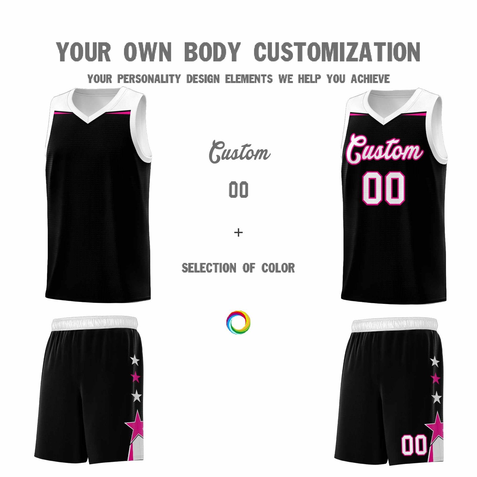 Custom Youth Basketball Uniform Black White Two Tone Side Star Personalized Team Jersey