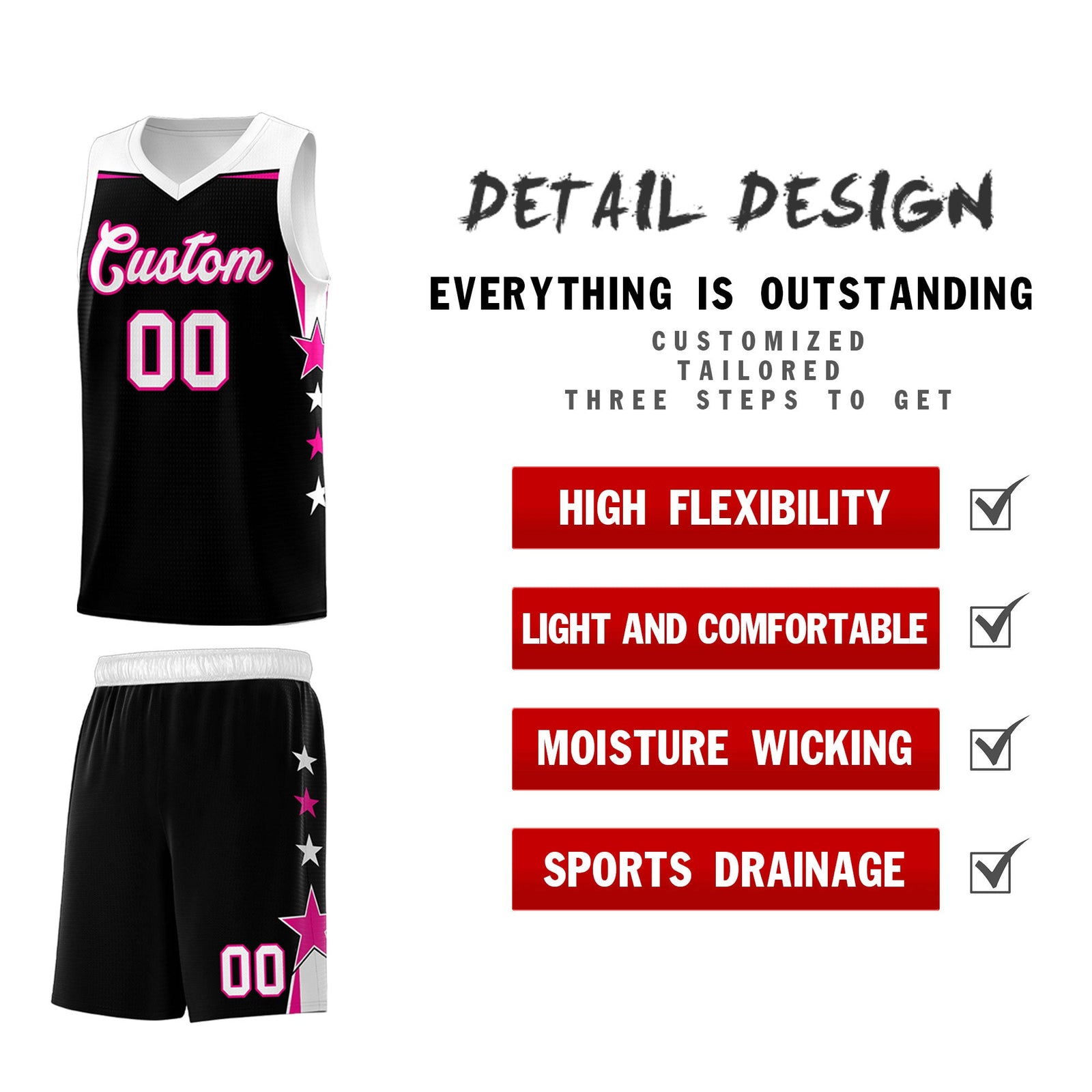 Custom Youth Basketball Uniform Black White Two Tone Side Star Personalized Team Jersey
