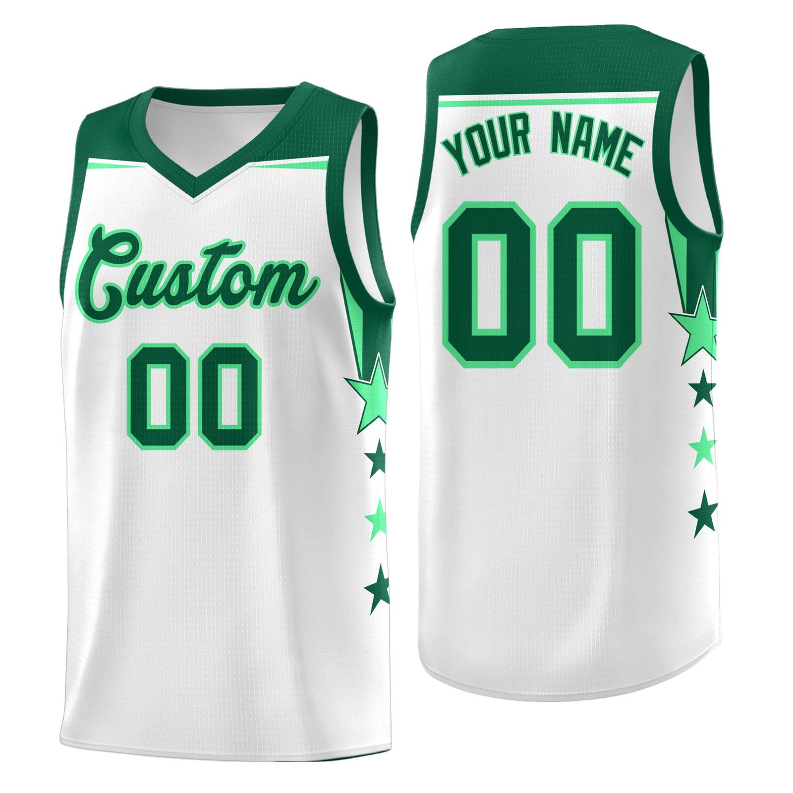 Custom Youth Basketball Uniform White Kelly Green Two Tone Side Star Add Name Number & Logo