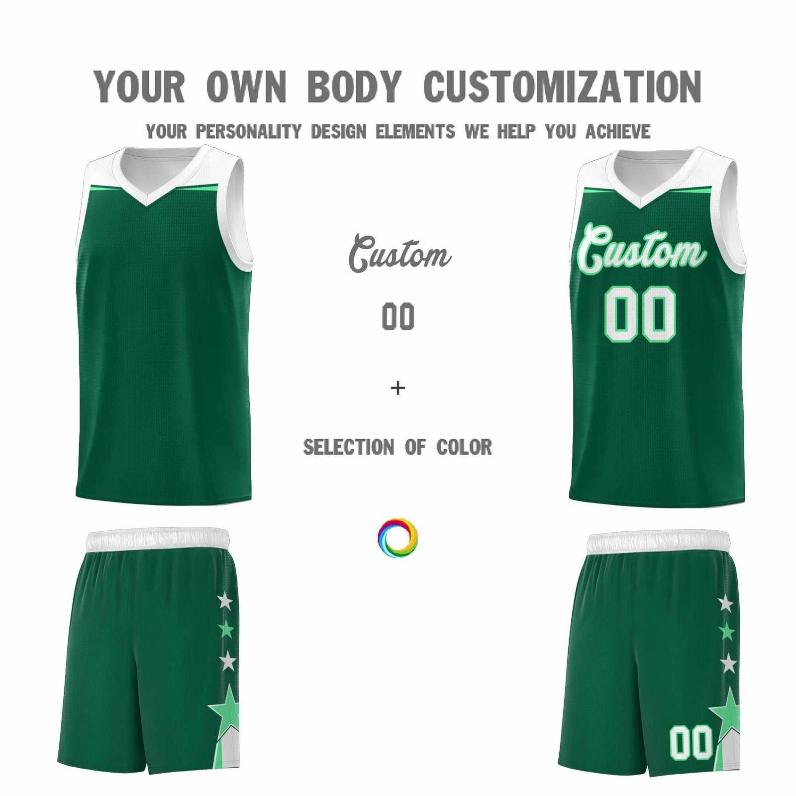 Custom Youth Basketball Uniform Kelly Green White Two Tone Side Star Personalized Team Jersey