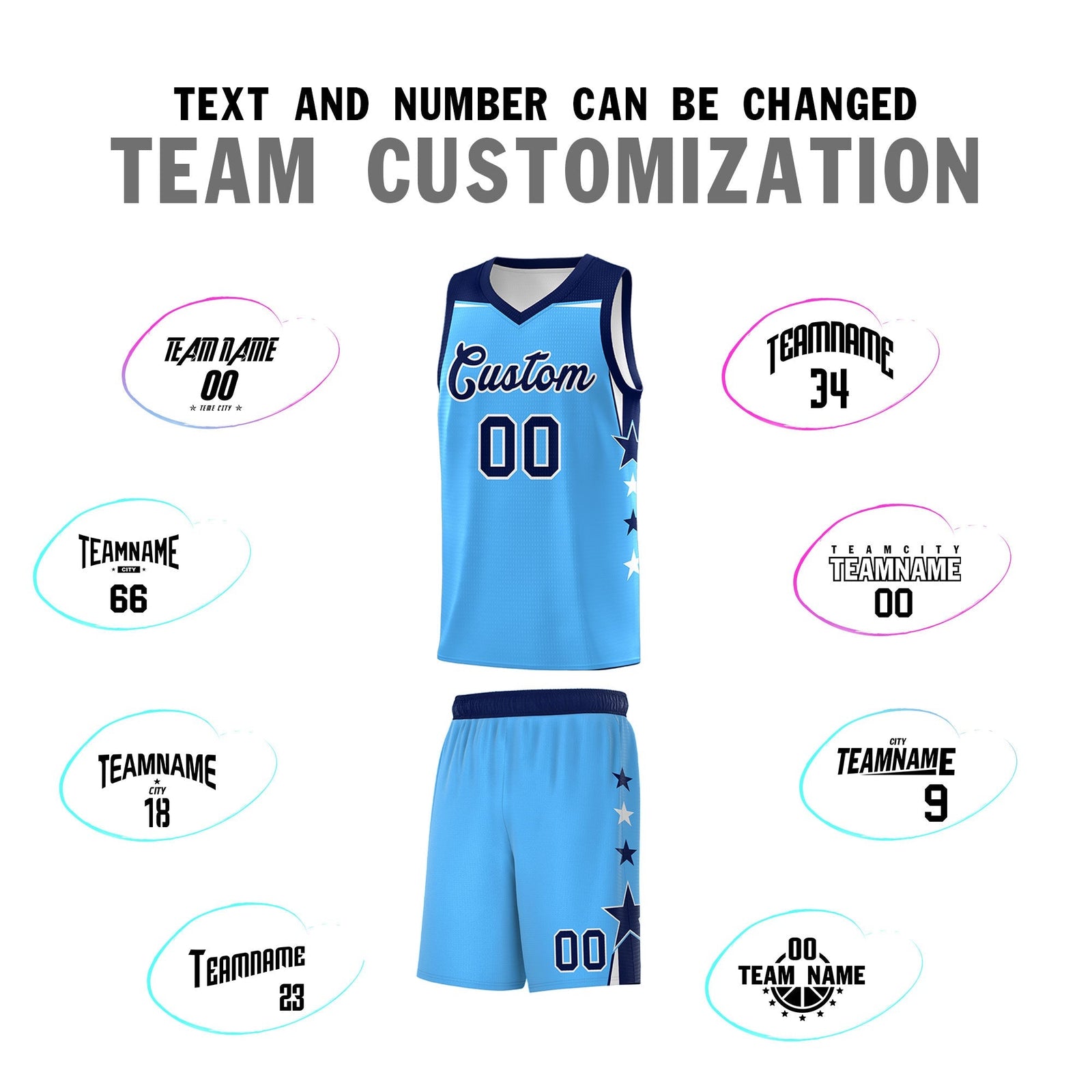 Custom Youth Basketball Uniform Powder Blue Navy Two Tone Side Star Color Block Team Jersey