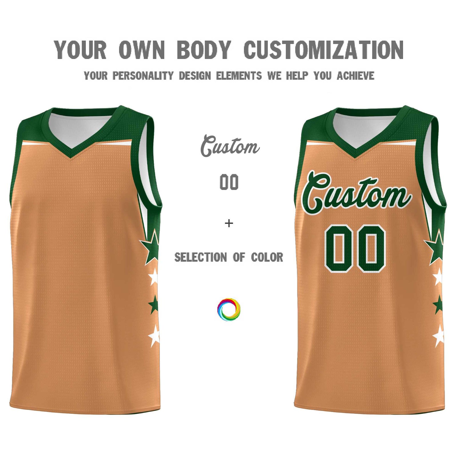 Custom Youth Basketball Uniform Buckskin Brown Green Two Tone Side Star Color Block Team Jersey