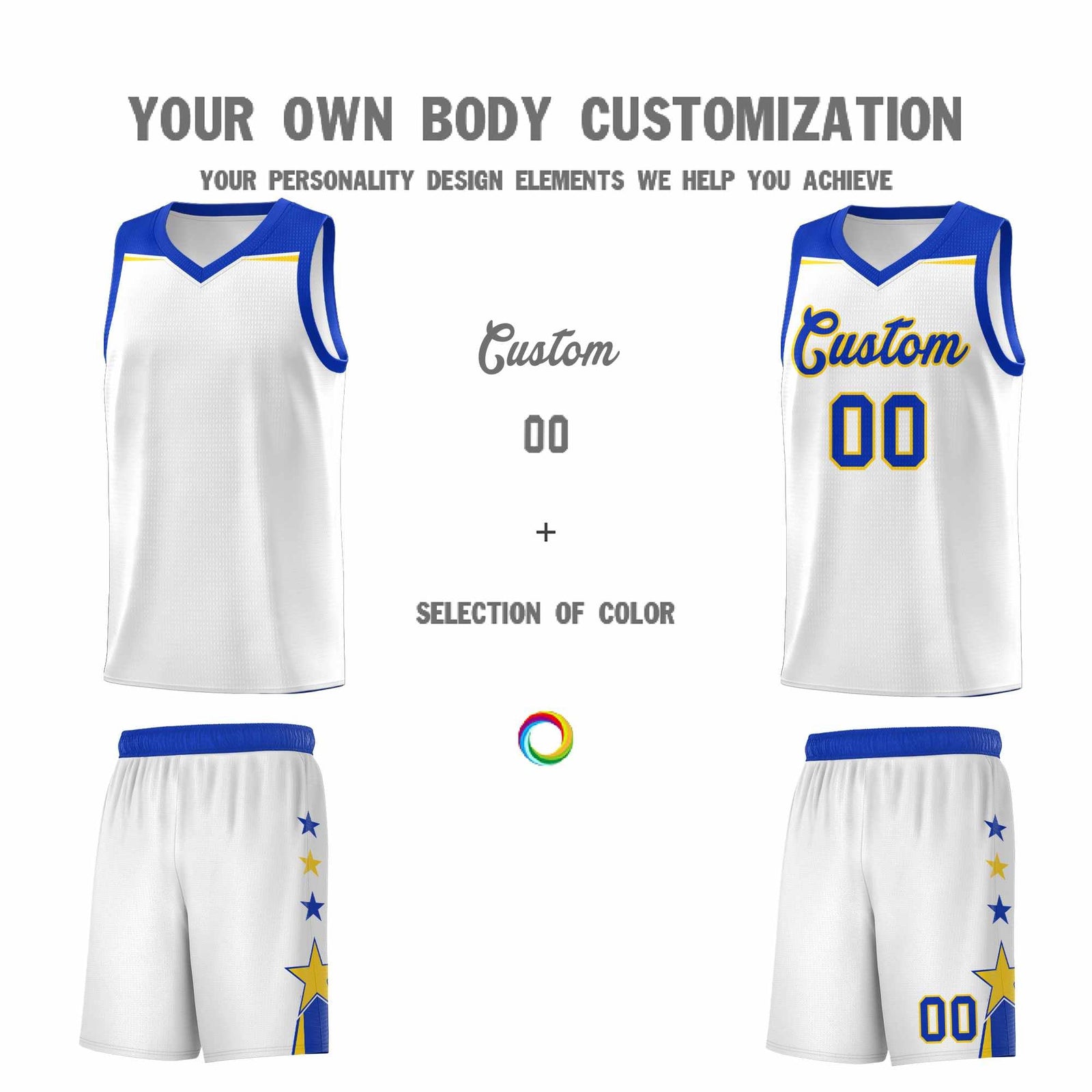 Custom Youth Basketball Uniform White Royal Two Tone Side Star Add Name Number & Logo
