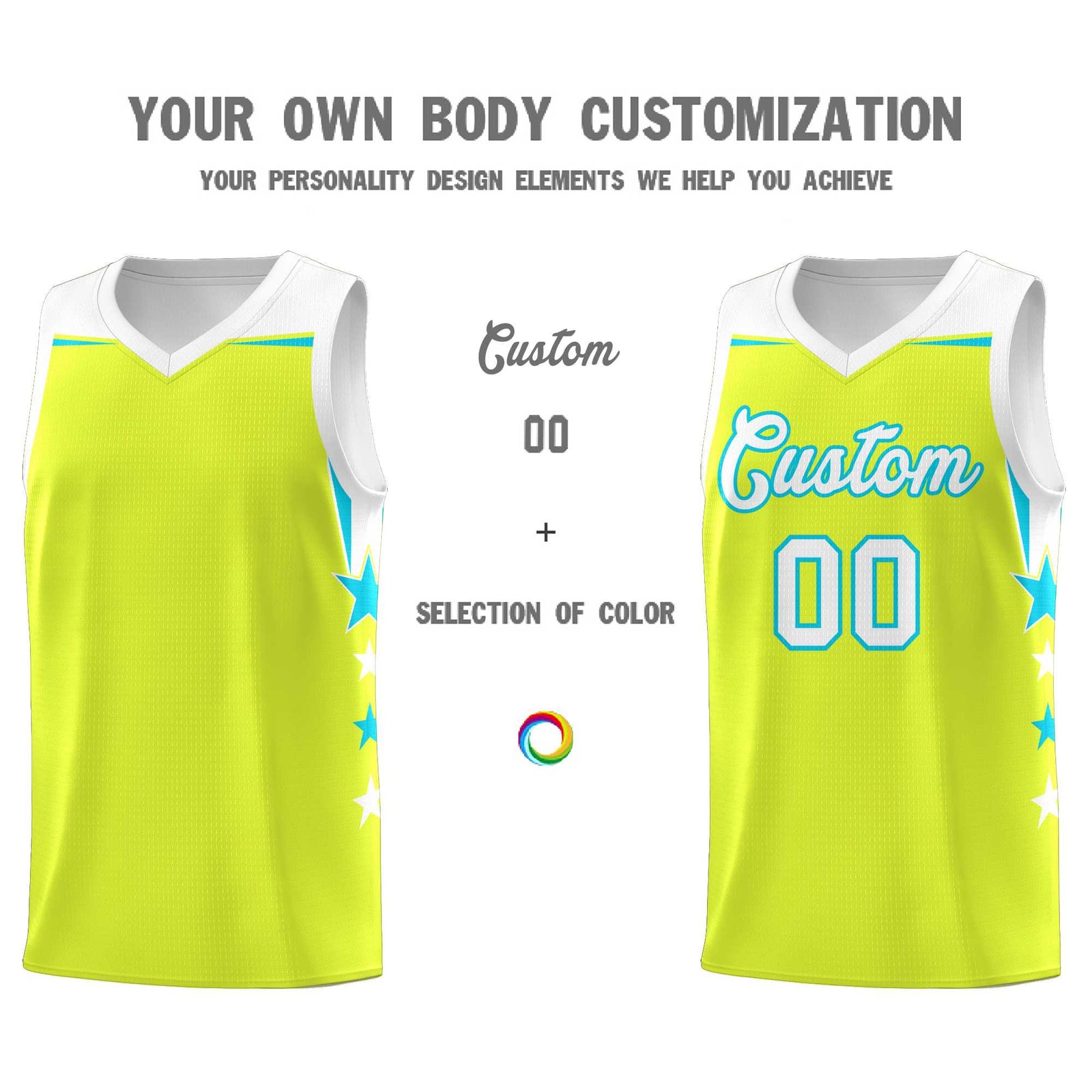 Custom Youth Basketball Uniform Fluorescent Green White Two Tone Side Star Personalized Team Jersey
