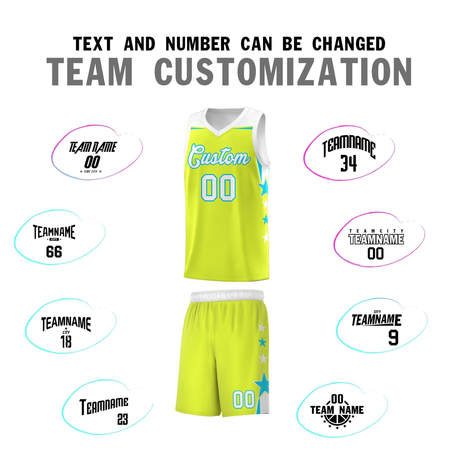 Custom Youth Basketball Uniform Fluorescent Green White Two Tone Side Star Personalized Team Jersey