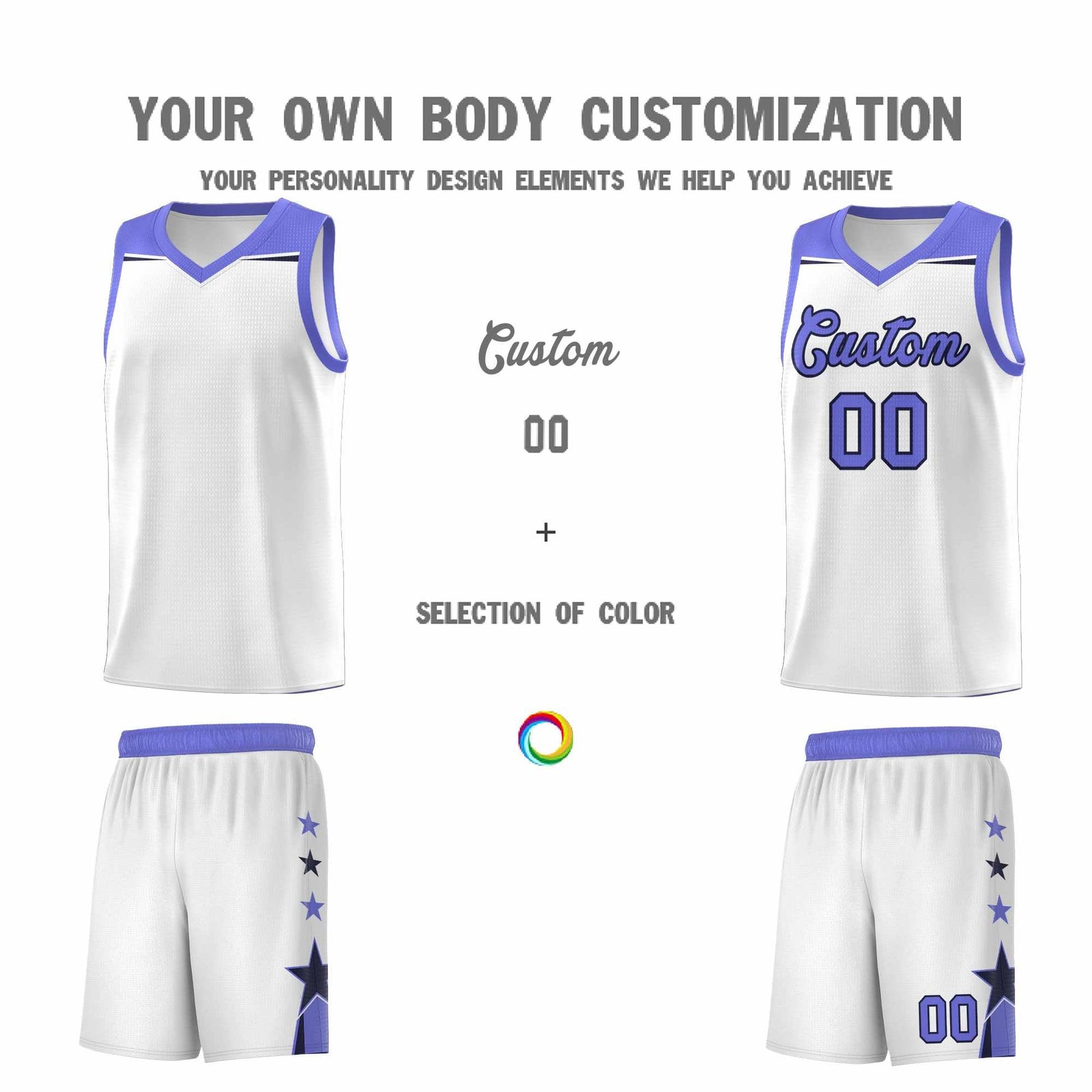 Custom Youth Basketball Uniform White Purple Two Tone Side Star Add Name Number & Logo