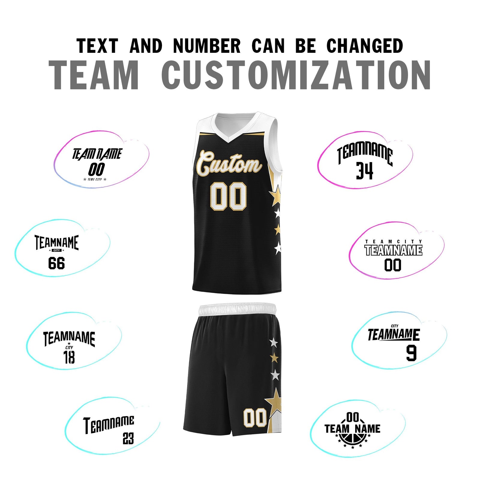 Custom Youth Basketball Uniform Black White Two Tone Side Star Personalized Team Jersey