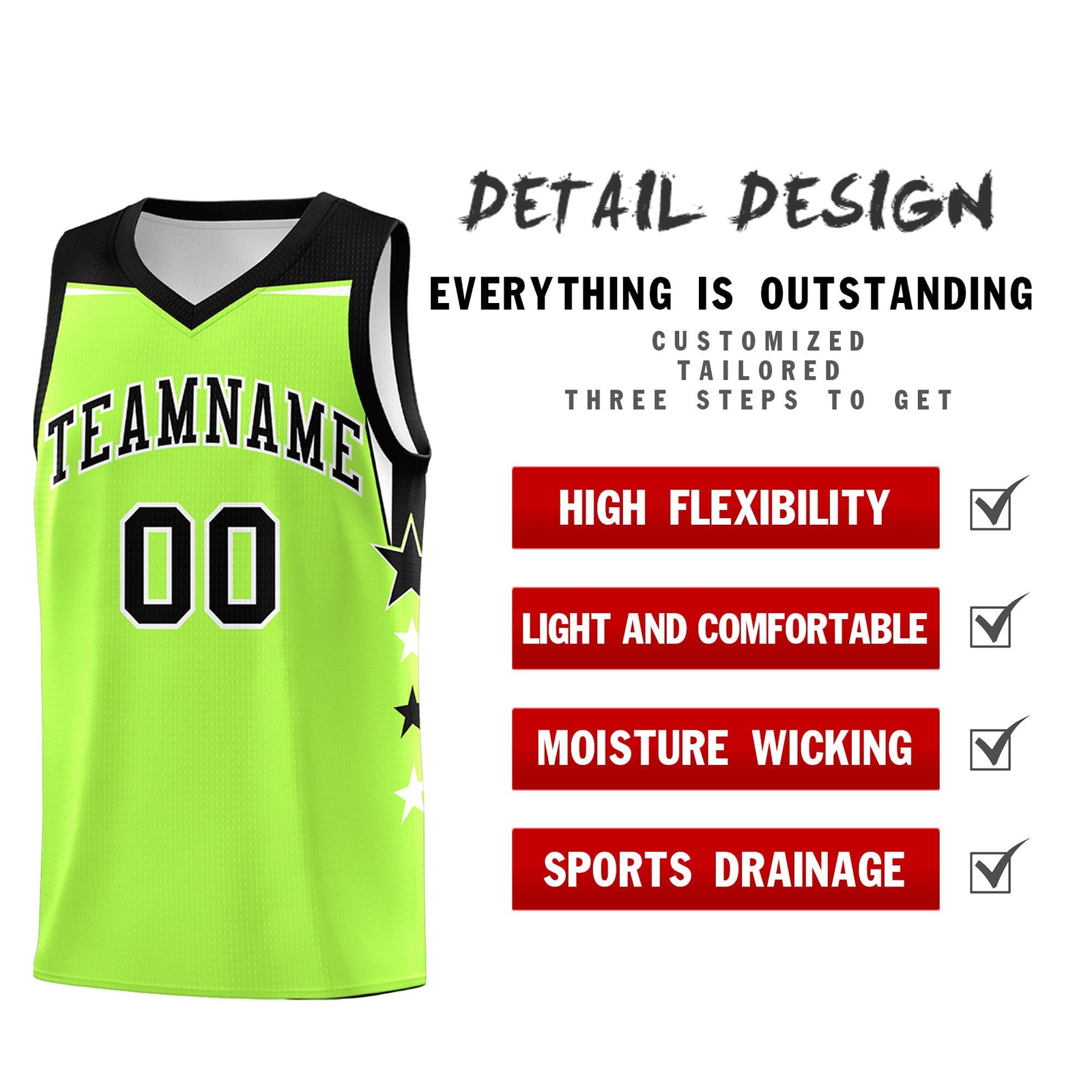 Custom Youth Basketball Uniform Fluorescent Green Black Two Tone Side Star Add Name Number & Logo