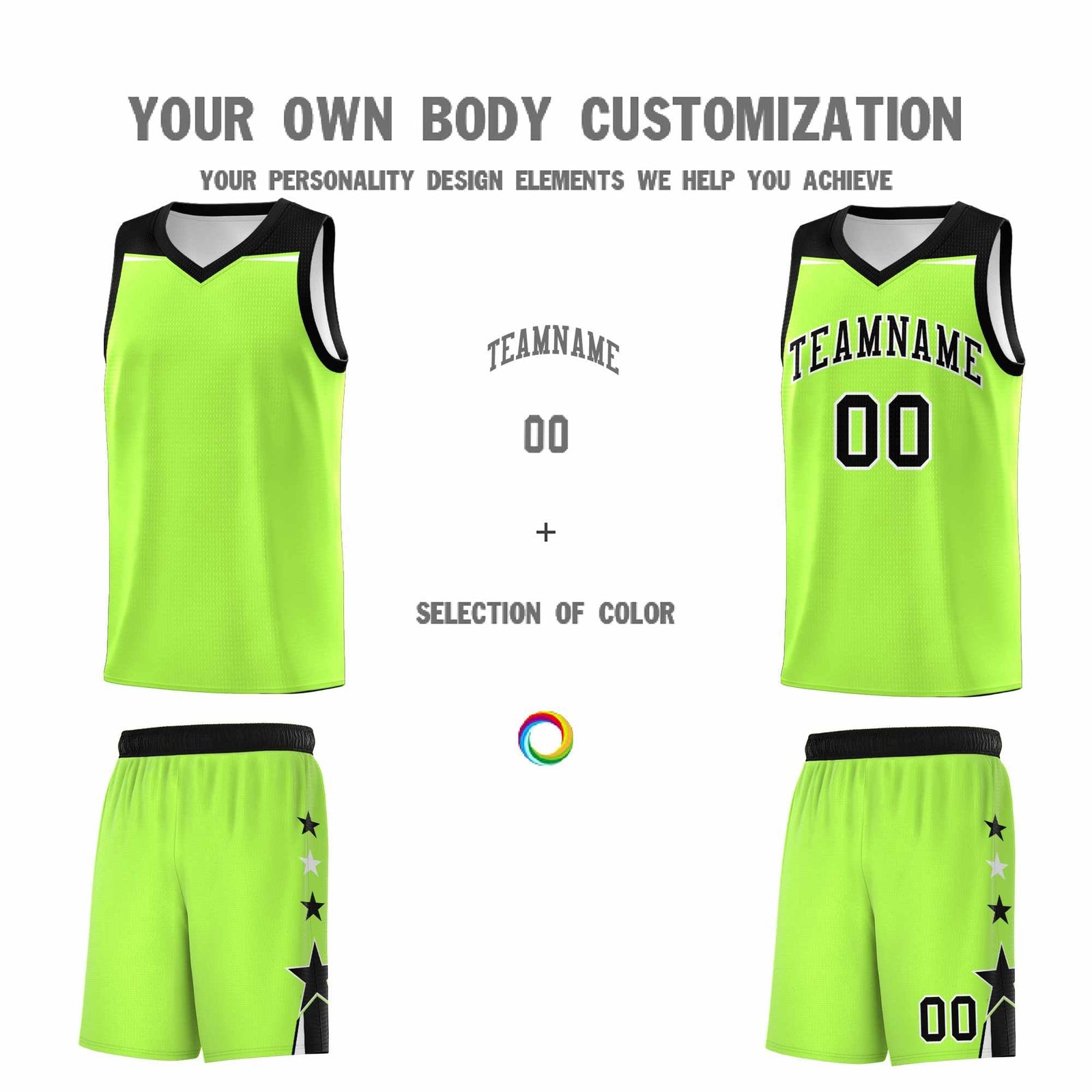 Custom Youth Basketball Uniform Fluorescent Green Black Two Tone Side Star Add Name Number & Logo