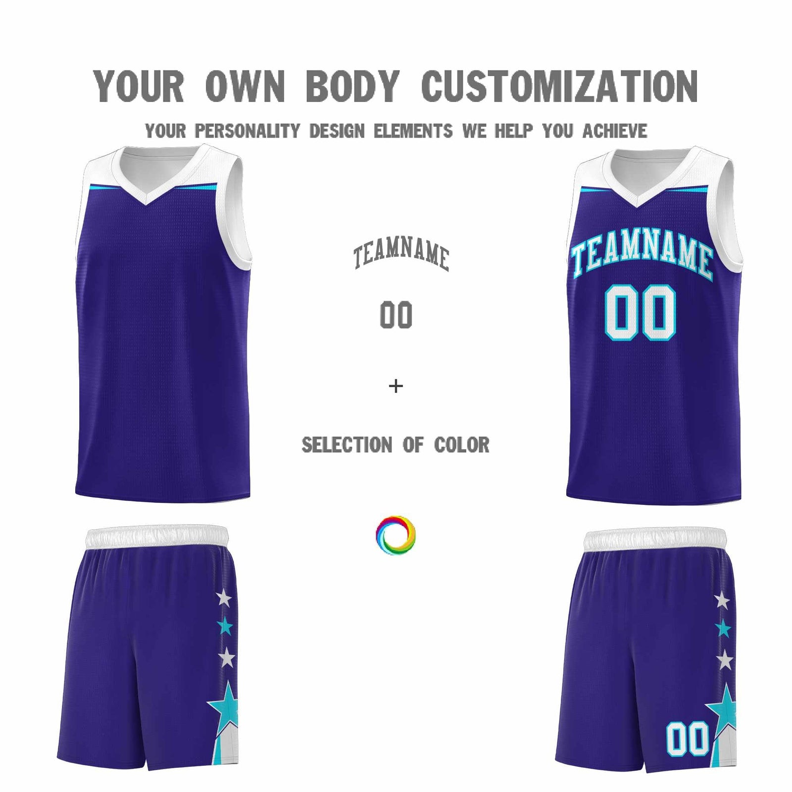 Custom Youth Basketball Uniform Royal White Two Tone Side Star Add Name Number & Logo