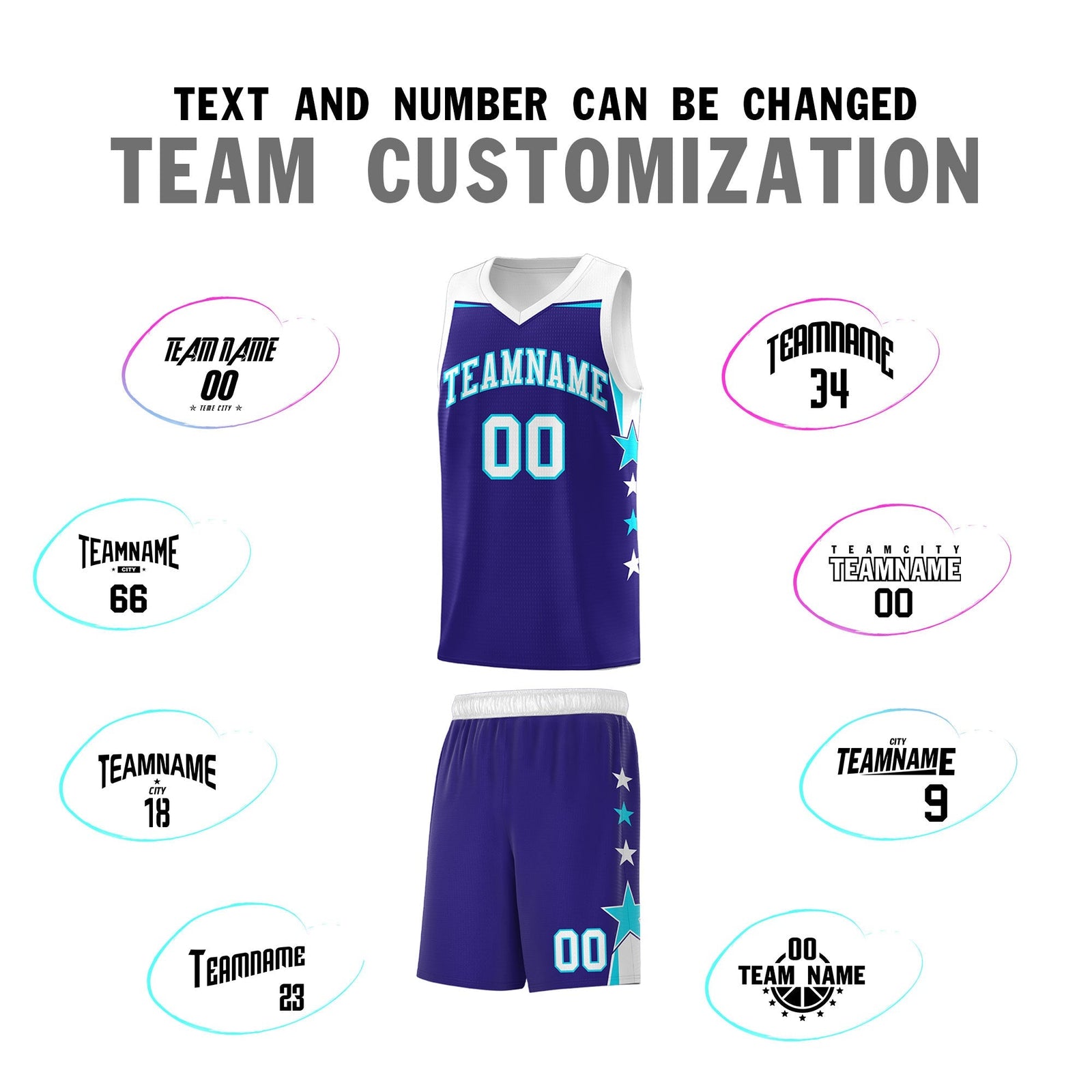 Custom Youth Basketball Uniform Royal White Two Tone Side Star Add Name Number & Logo
