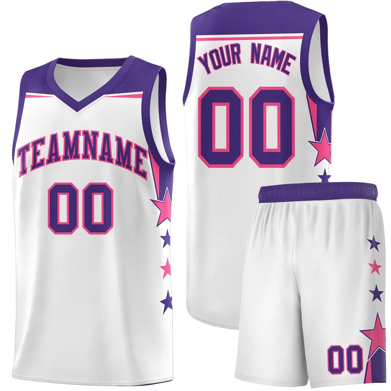 Custom Youth Basketball Uniform White Purple Two Tone Side Star Color Block Team Jersey