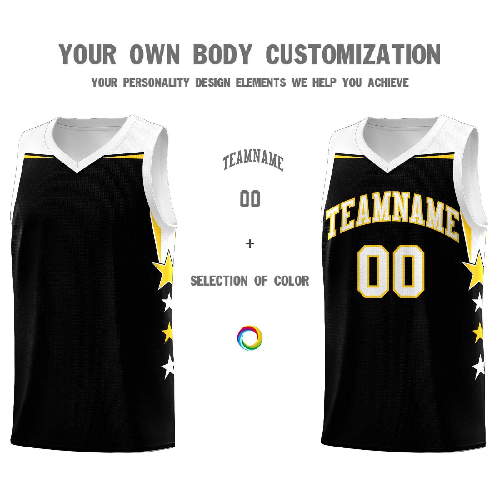 Custom Youth Basketball Uniform Black White Two Tone Side Star Add Name Number & Logo