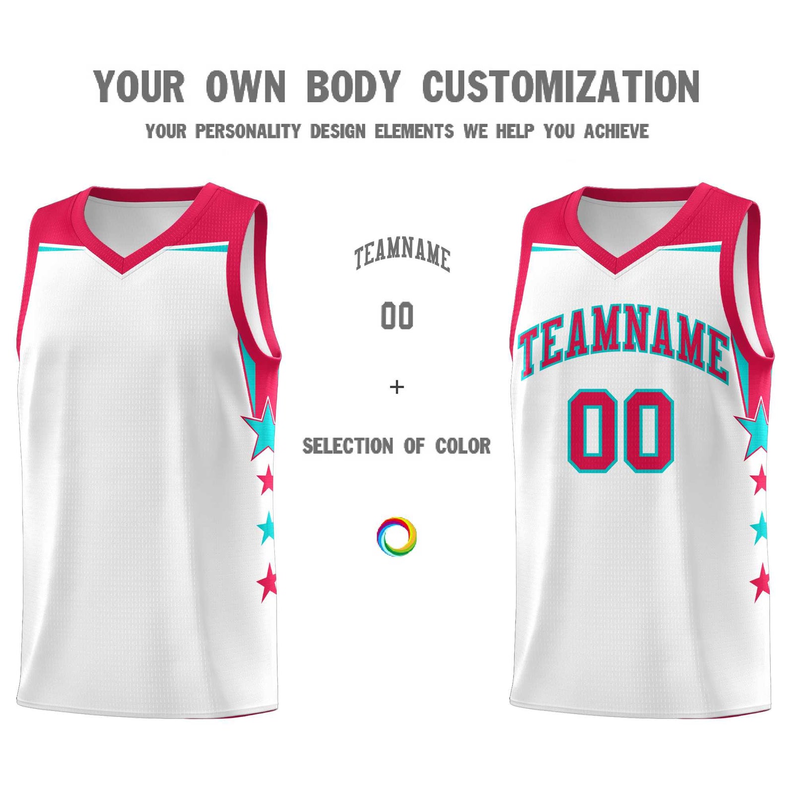 Custom Youth Basketball Uniform White Red Two Tone Side Star Color Block Team Jersey