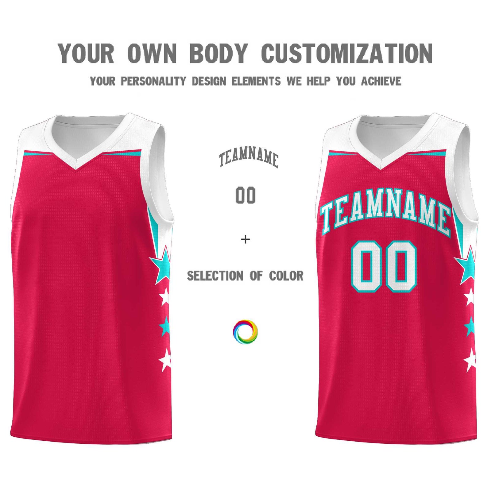 Custom Youth Basketball Uniform Red White Two Tone Side Star Add Name Number & Logo
