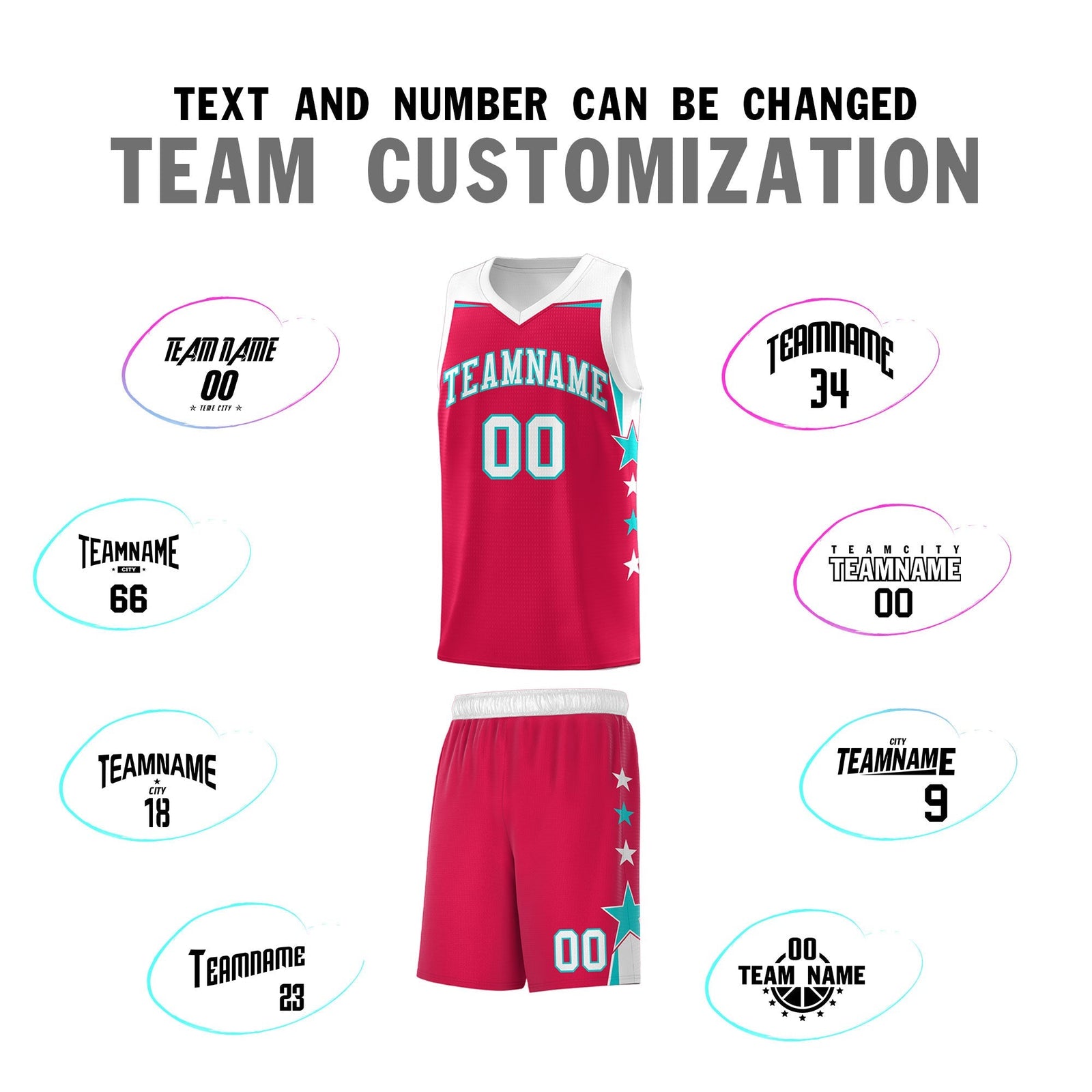 Custom Youth Basketball Uniform Red White Two Tone Side Star Add Name Number & Logo