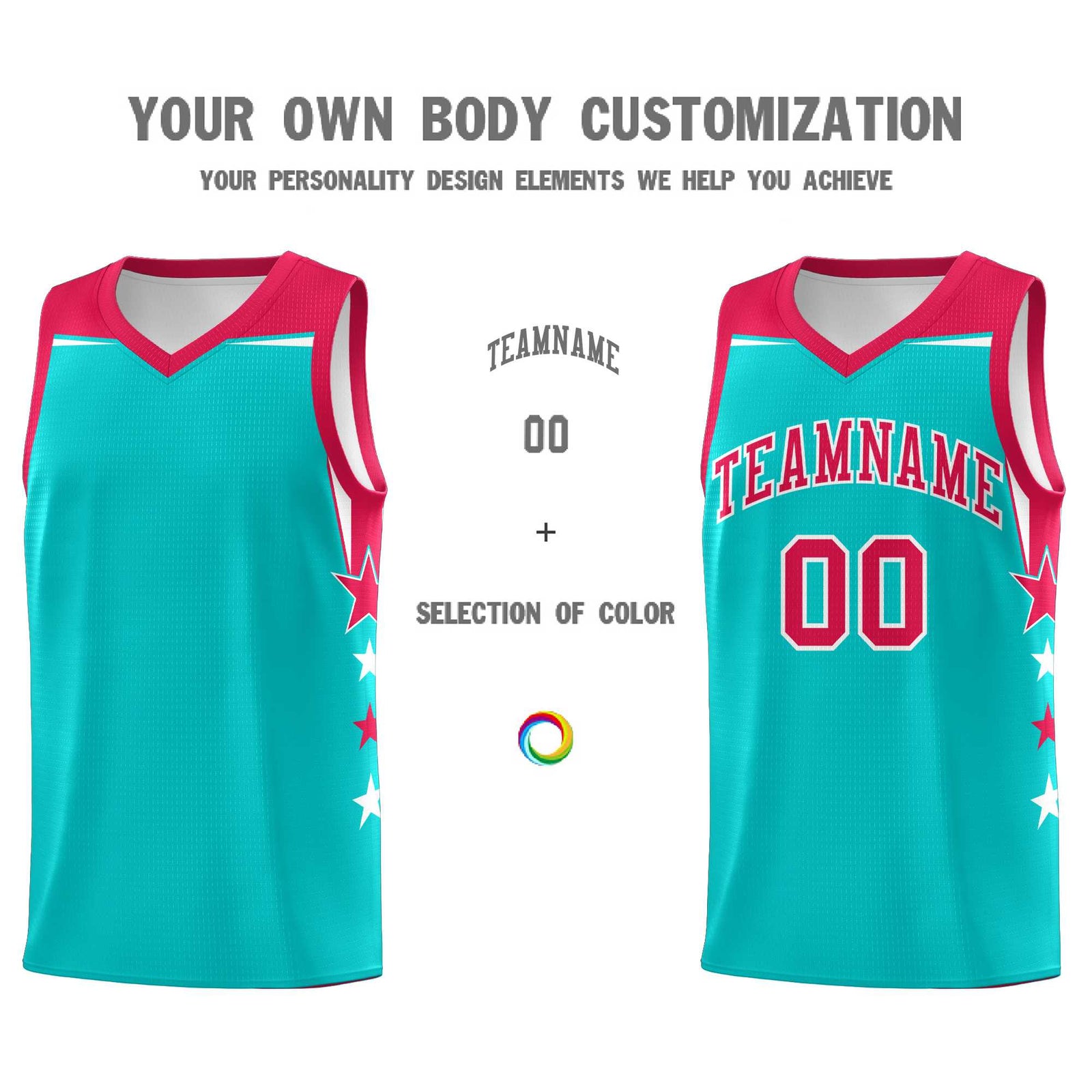 Custom Youth Basketball Uniform Aqua Red Two Tone Side Star Personalized Team Jersey