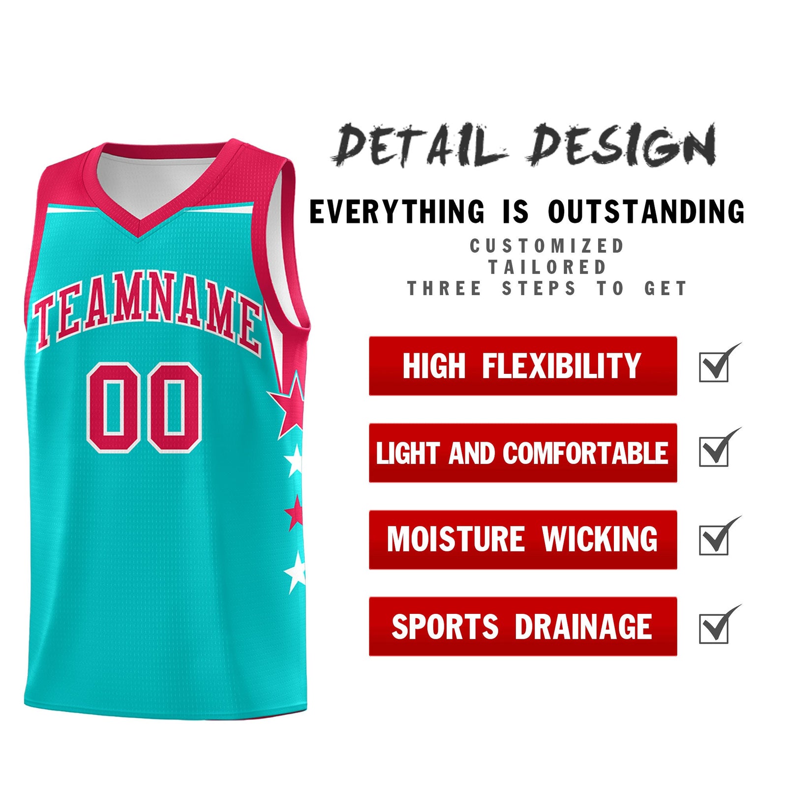 Custom Youth Basketball Uniform Aqua Red Two Tone Side Star Personalized Team Jersey
