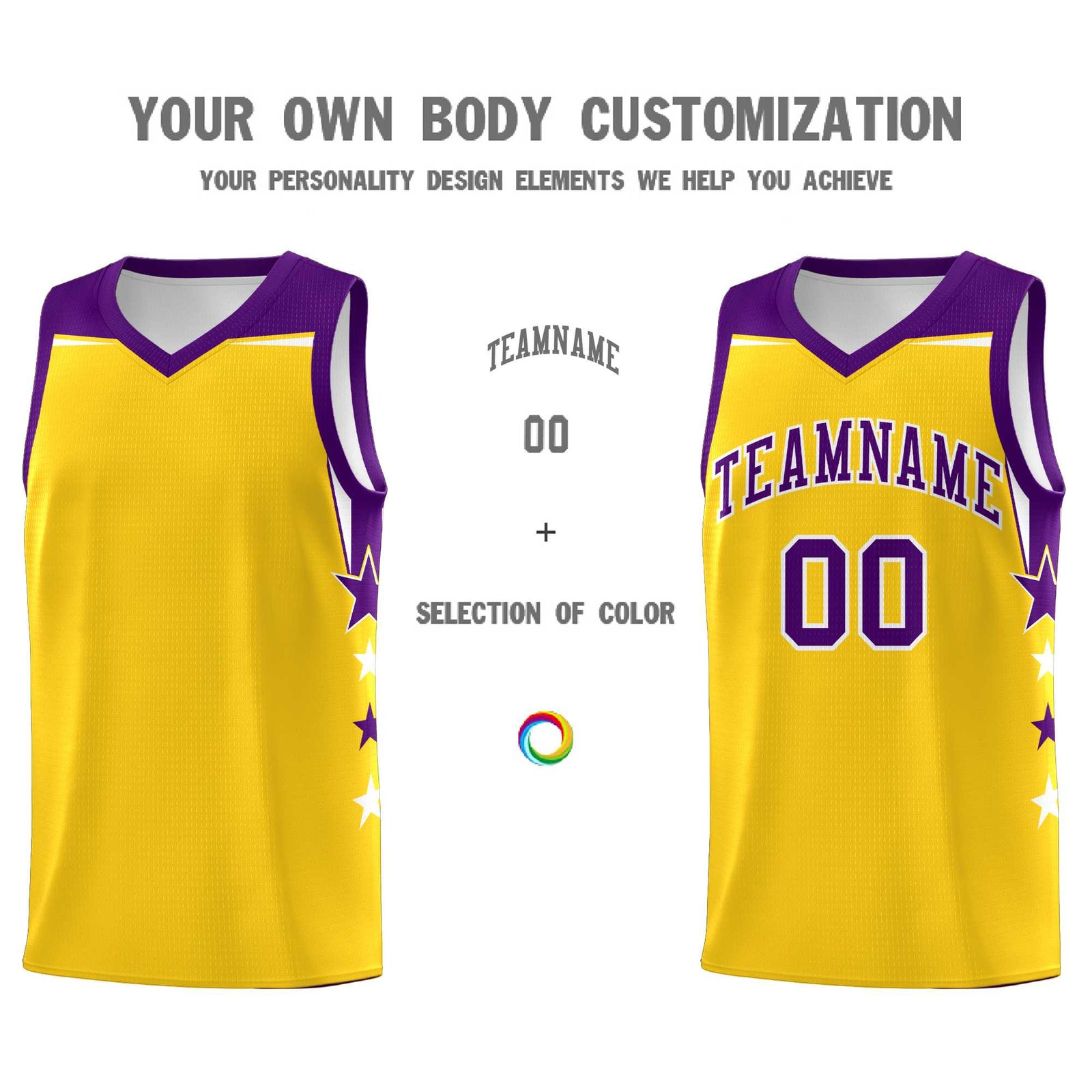 Custom Youth Basketball Uniform Gold Purple Two Tone Side Star Personalized Team Jersey