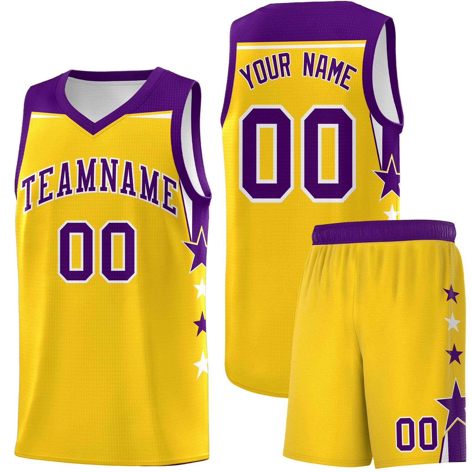 Custom Youth Basketball Uniform Gold Purple Two Tone Side Star Personalized Team Jersey