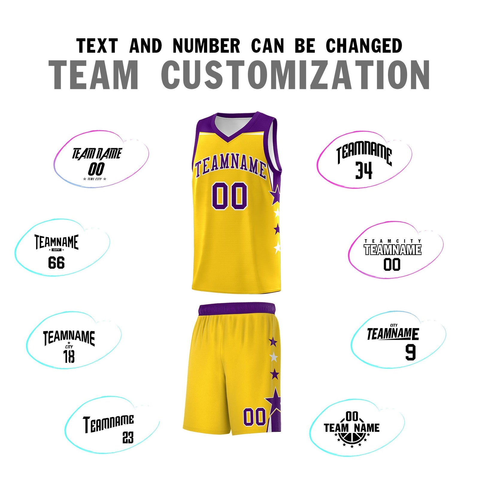 Custom Youth Basketball Uniform Gold Purple Two Tone Side Star Personalized Team Jersey