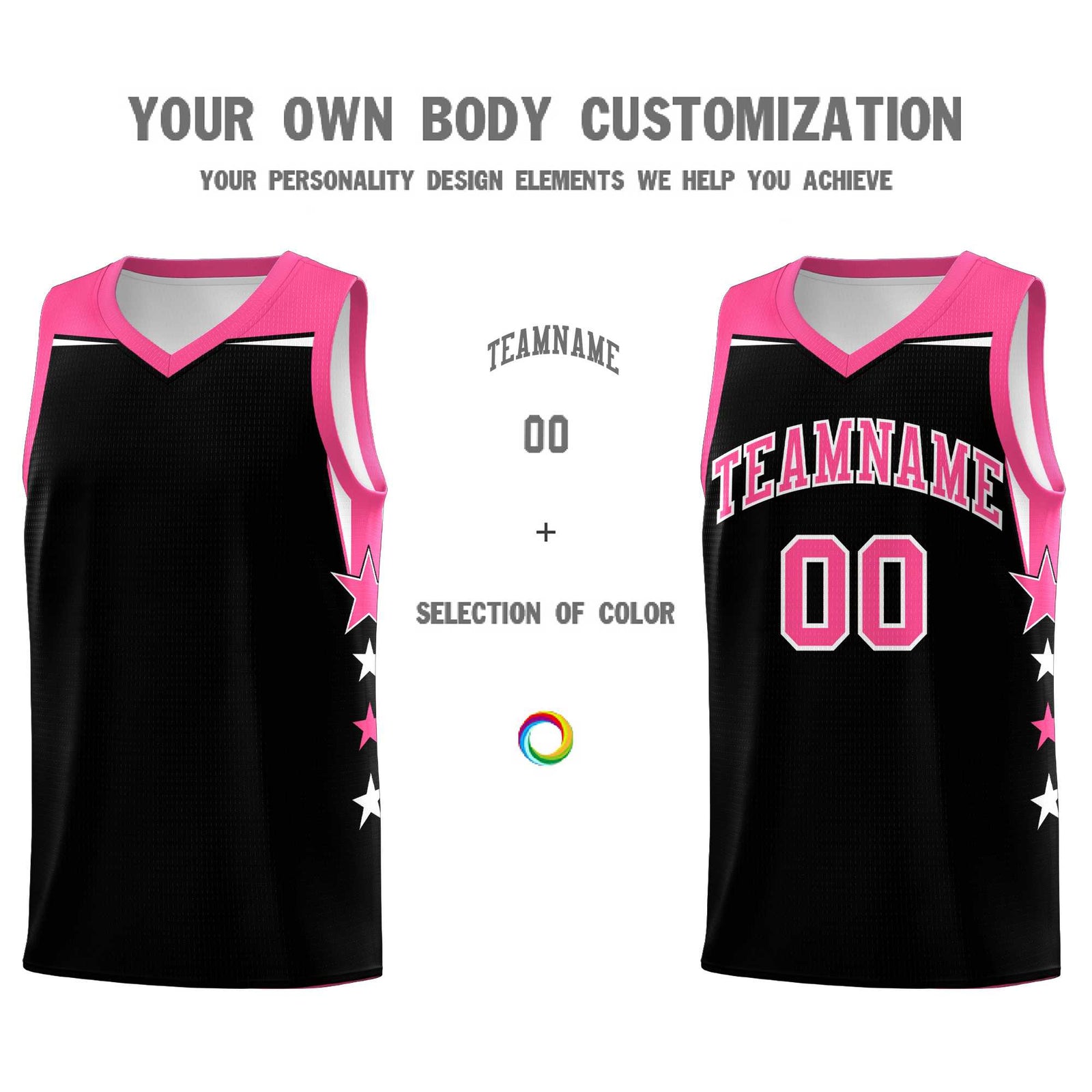 Custom Youth Basketball Uniform Black Pink Two Tone Side Star Personalized Team Jersey