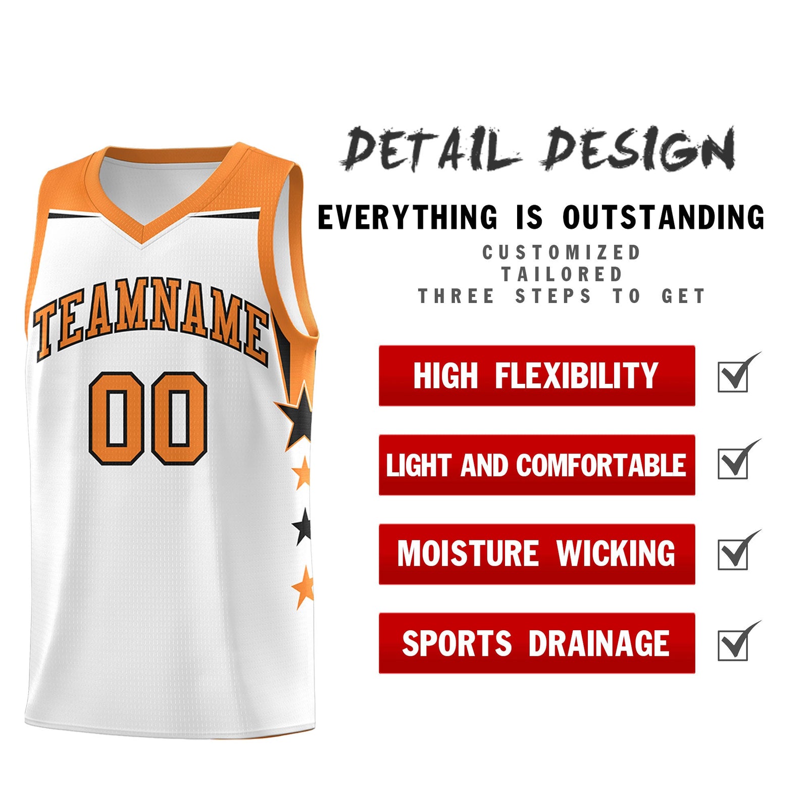 Custom Youth Basketball Uniform White Gold Orange Two Tone Side Star Color Block Team Jersey