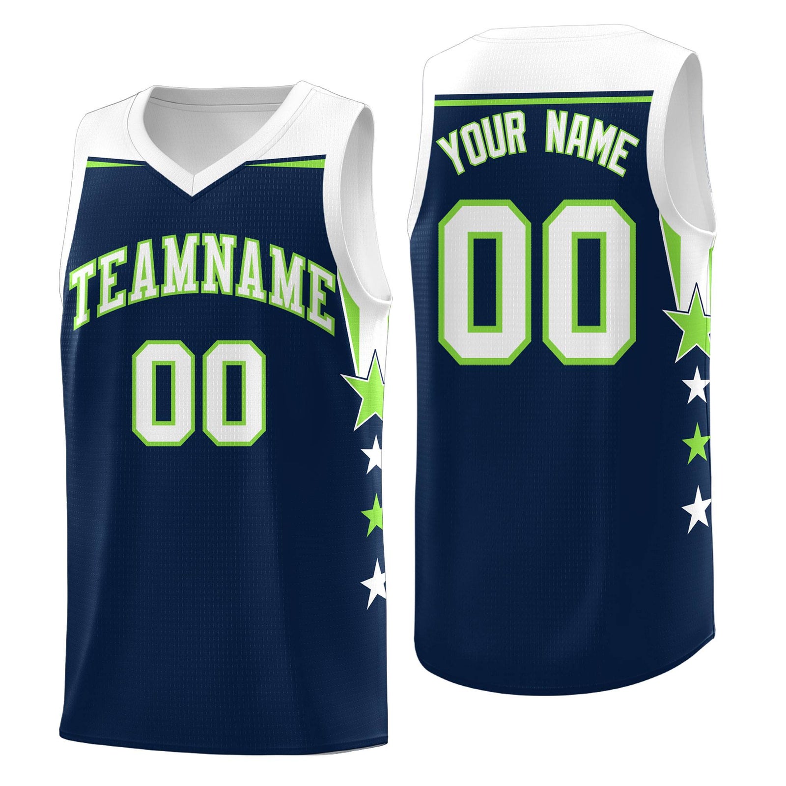 Custom Youth Basketball Uniform Navy White Two Tone Side Star Add Name Number & Logo